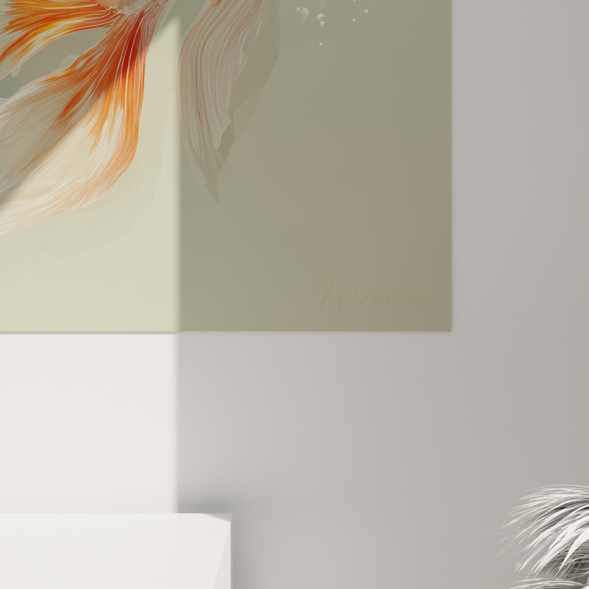 Détail des écailles Koi rouge corail et des voiles blanches finement texturées sur le tableau