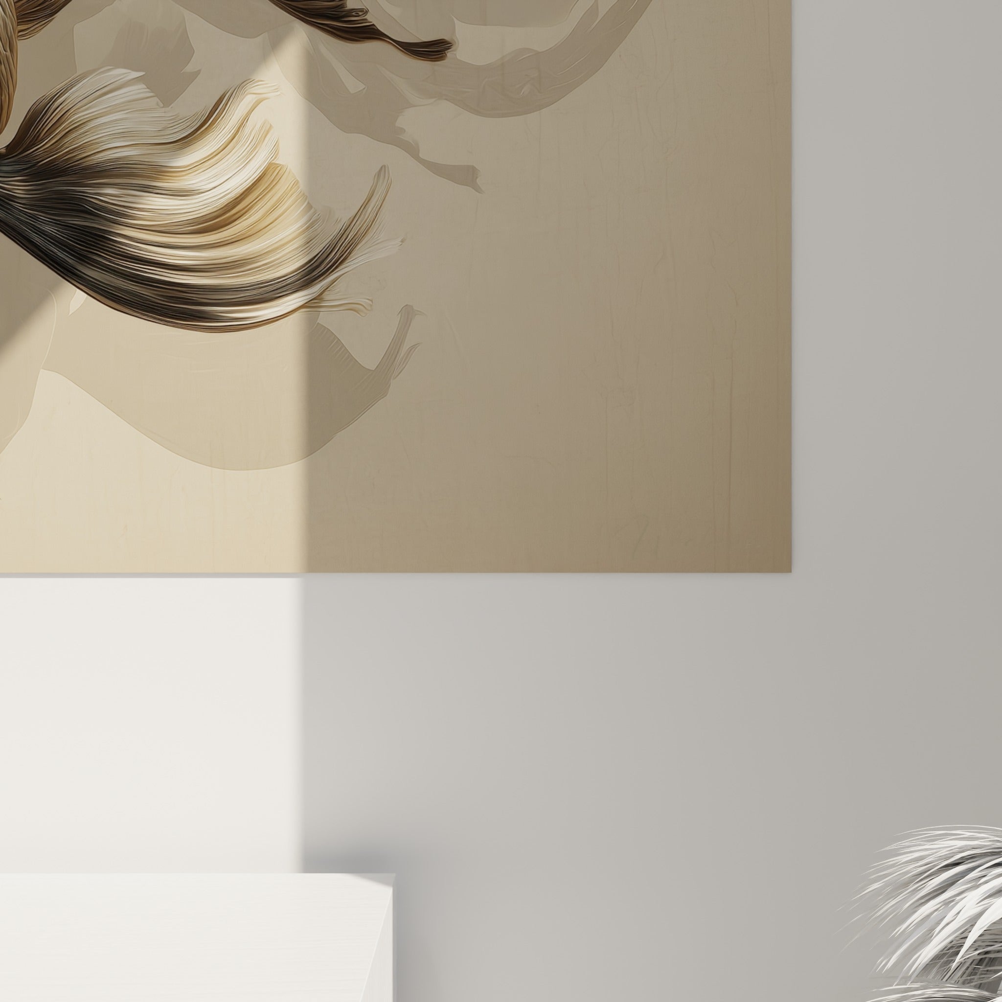 Détail des nageoires fauve et beige du koi, mèches fines et grain de l'impression sur toile