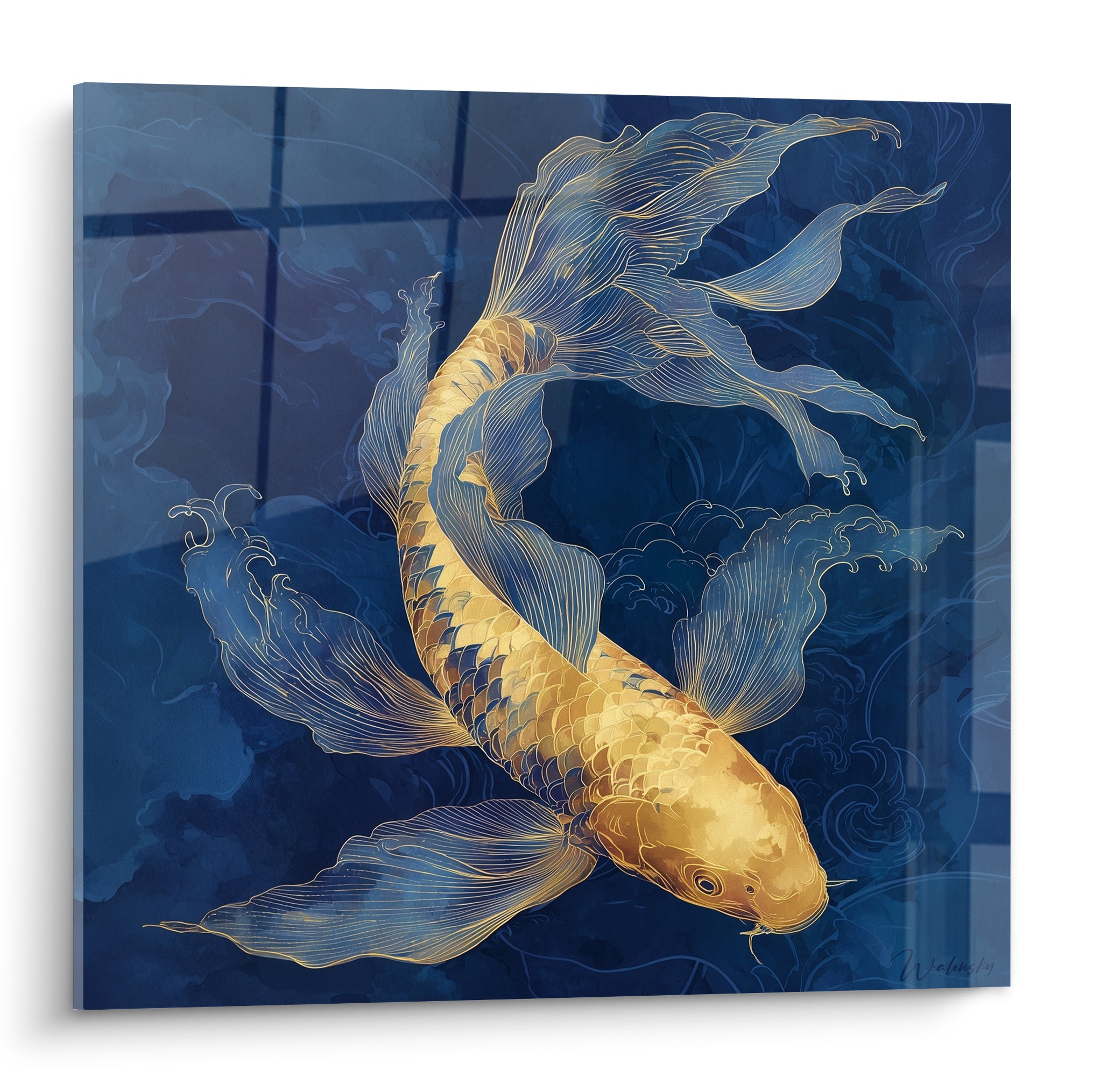 Koi doré aux nageoires bleu marine nageant en diagonale sur fond d'étang stylisé
