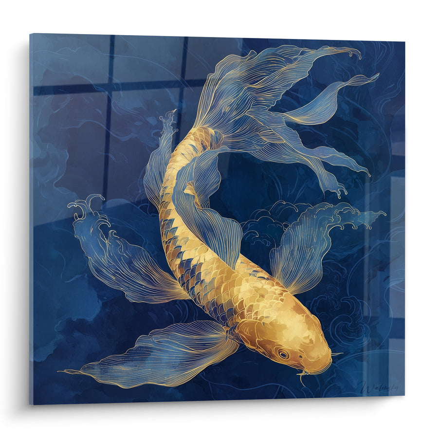 Tableau Poisson doré aux nageoires bleu marine - Fluidité nocturne - Edition Koi