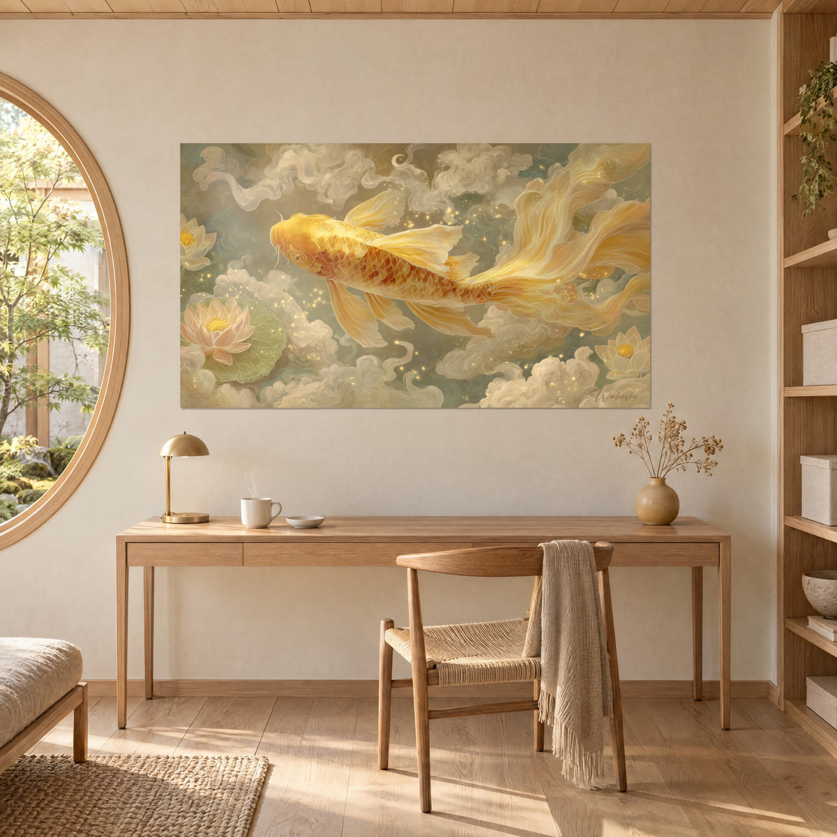 Quadro pesce solare che fluttua tra volute di nebbia, verde salvia e oro, sopra una scrivania in legno chiaro e la sua sedia