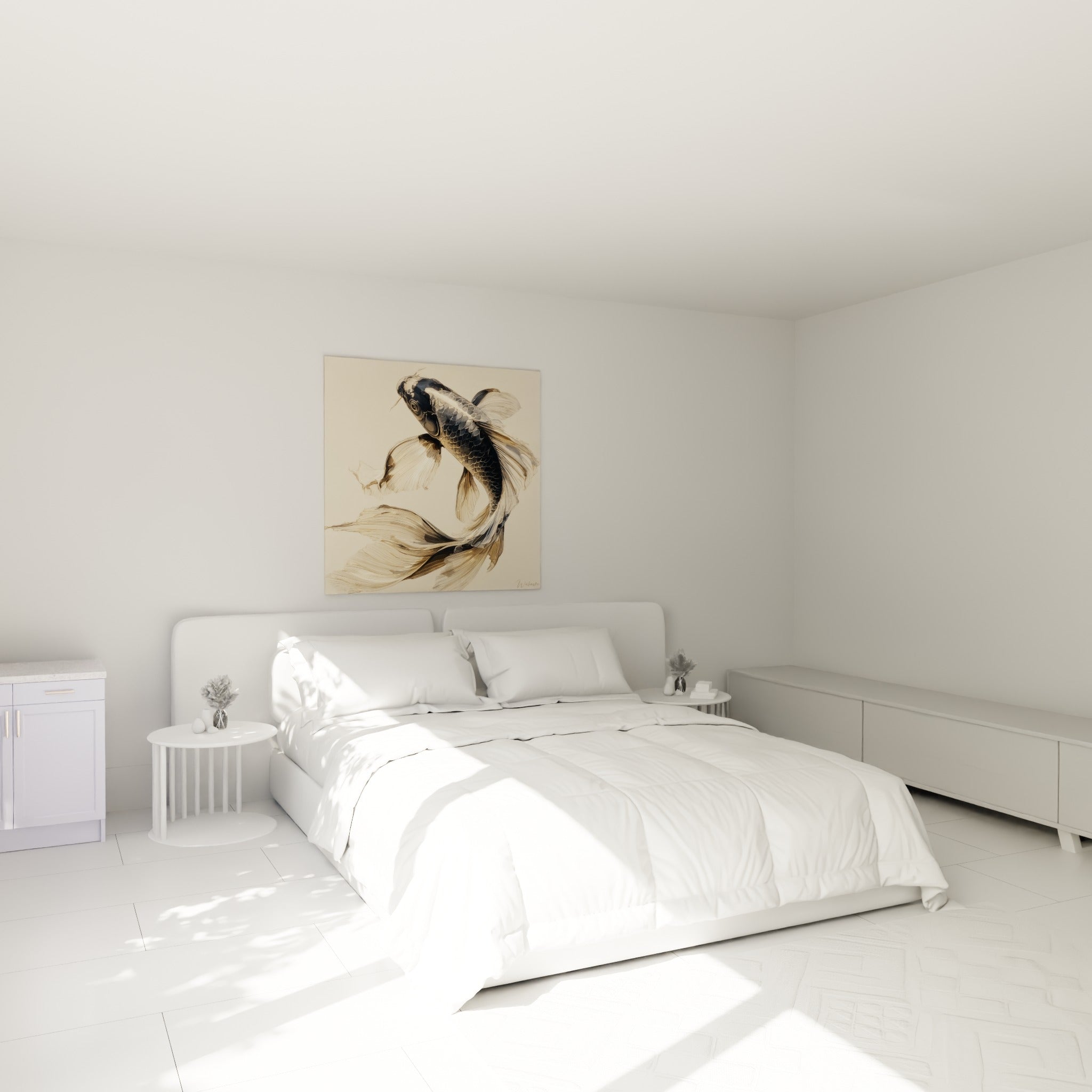 Koi noir aux voiles ivoire suspendu au-dessus d'un lit dans une chambre claire