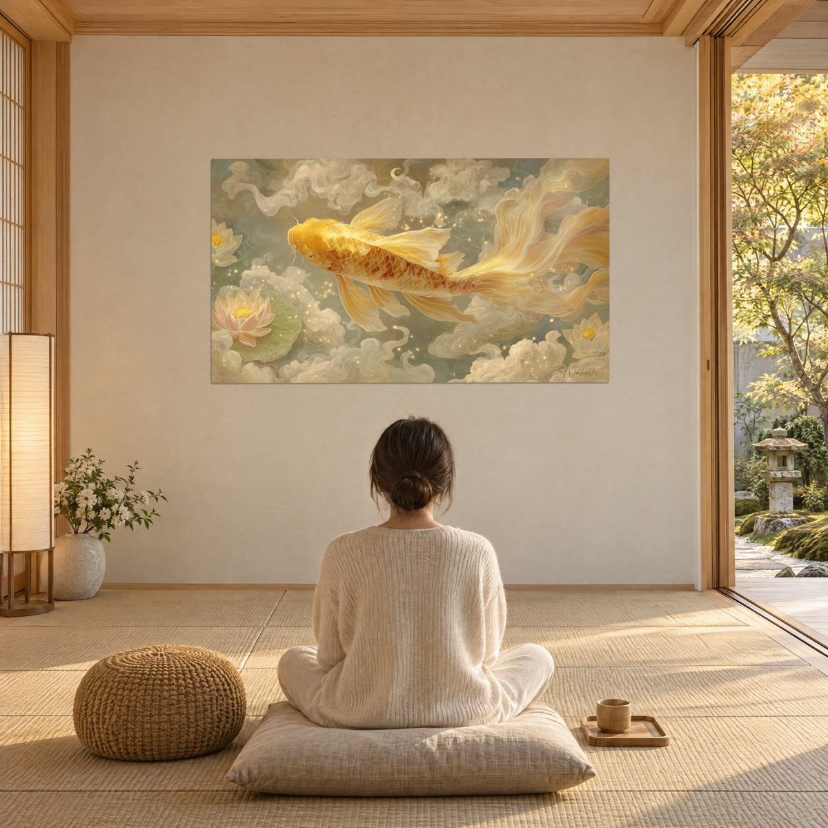 Quadro carpa dorata che nuota tra fiori di loto pastello, ocra e crema, una donna di spalle seduta su un cuscino davanti a un giardino giapponese