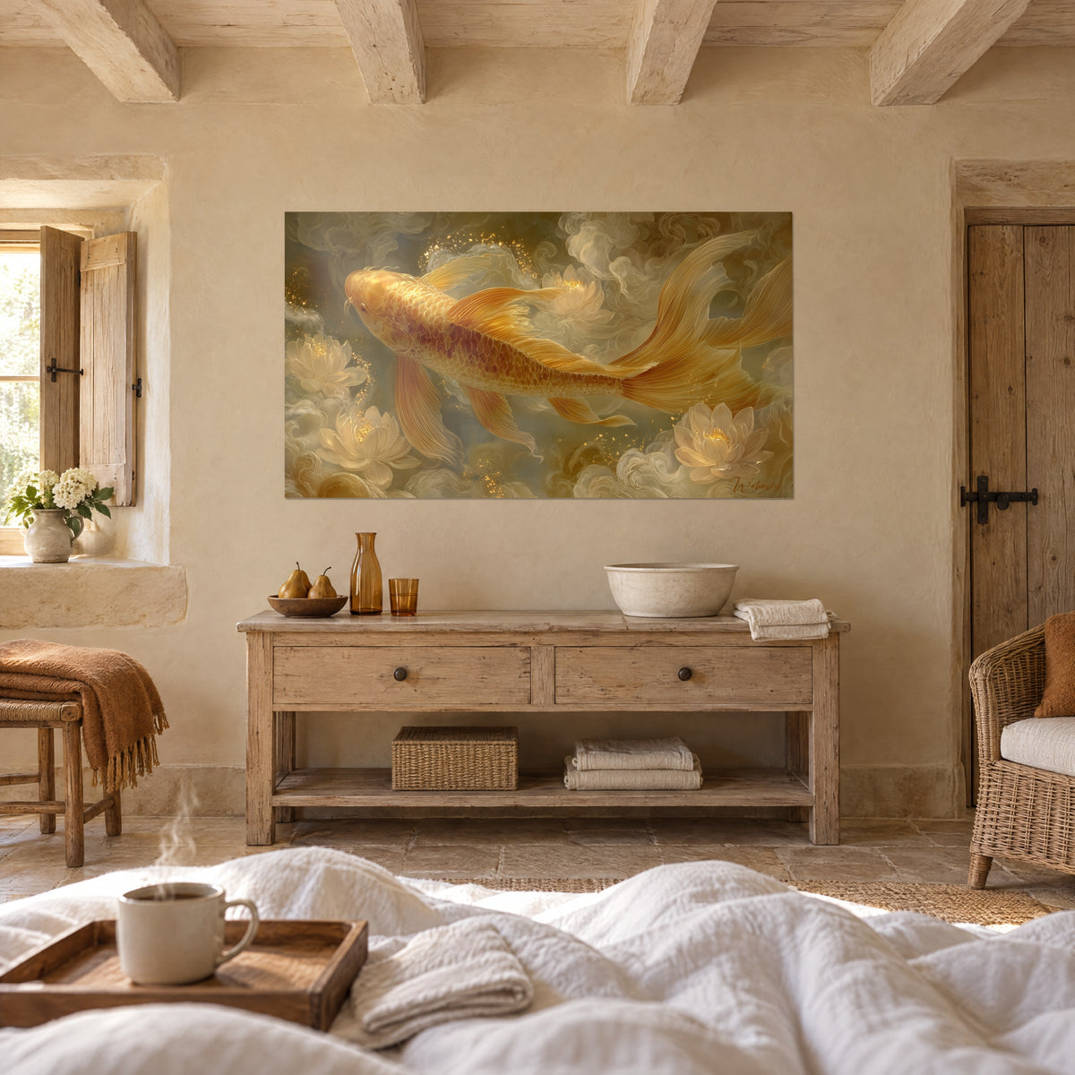 Cuadro silueta dorada de un koi de escamas cobrizas entre nenúfares blancos, encima de una cama en un dormitorio luminoso