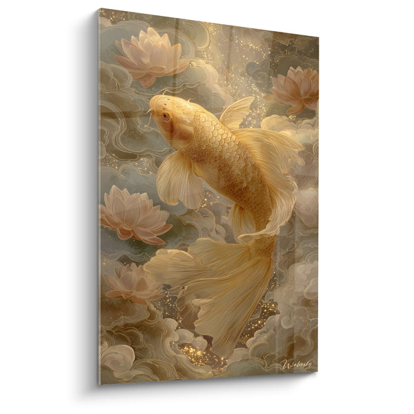 Tableau Poisson doré nageant parmi lotus et nuées - Ascension céleste - Edition Koi