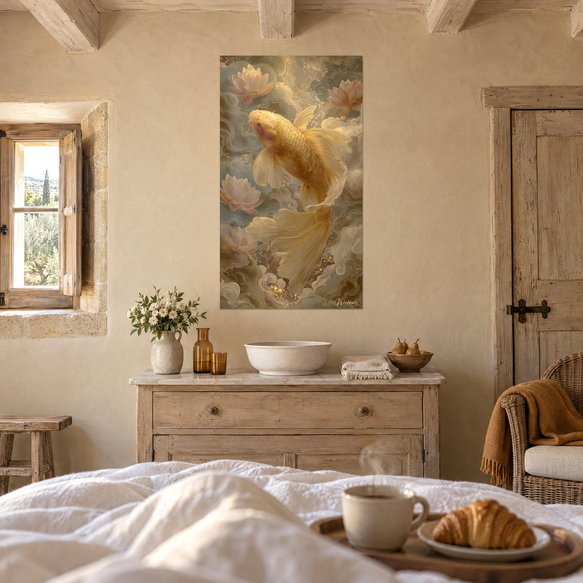 Cuadro de un koi marfil y dorado desplegando sus largas aletas entre flores de loto melocotón y nubes grises, sobre una cama en un dormitorio luminoso