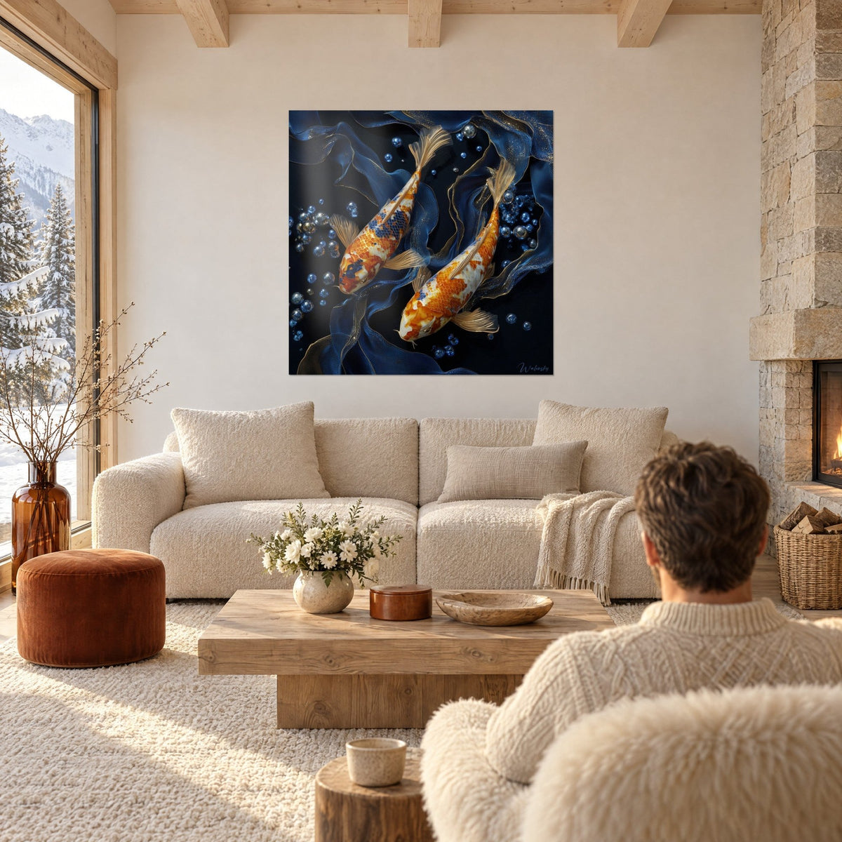 Wall art orange and ivory koi carp swimming among midnight-blue veils, a woman seen from behind, above a sofa in a bright living room