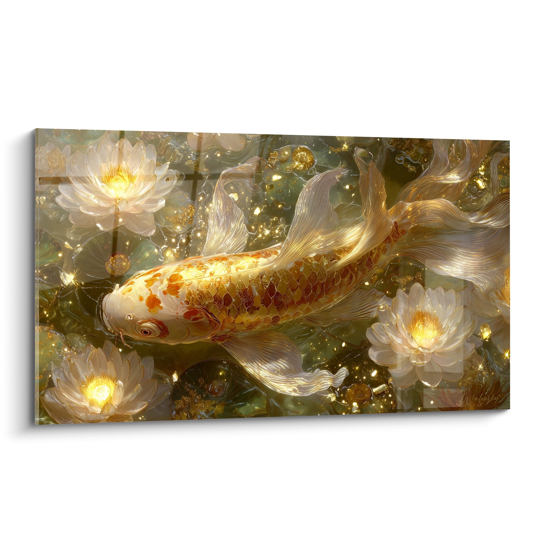 Koi doré aux écailles ambrées nageant parmi des nénuphars blancs lumineux