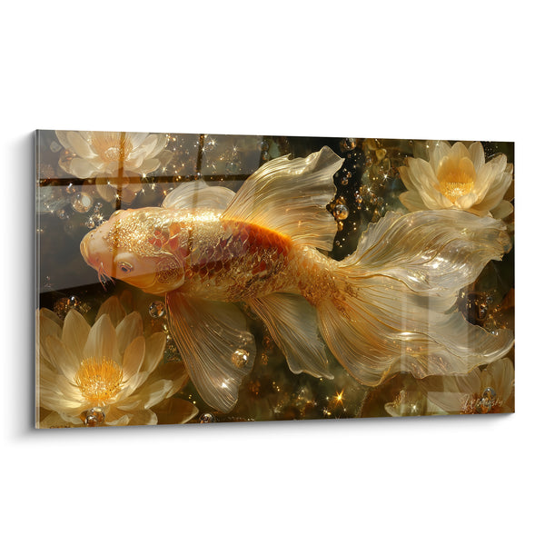 Tableau Poisson doré parmi nénuphars et bulles - Éclat aquatique doré - Edition Koi