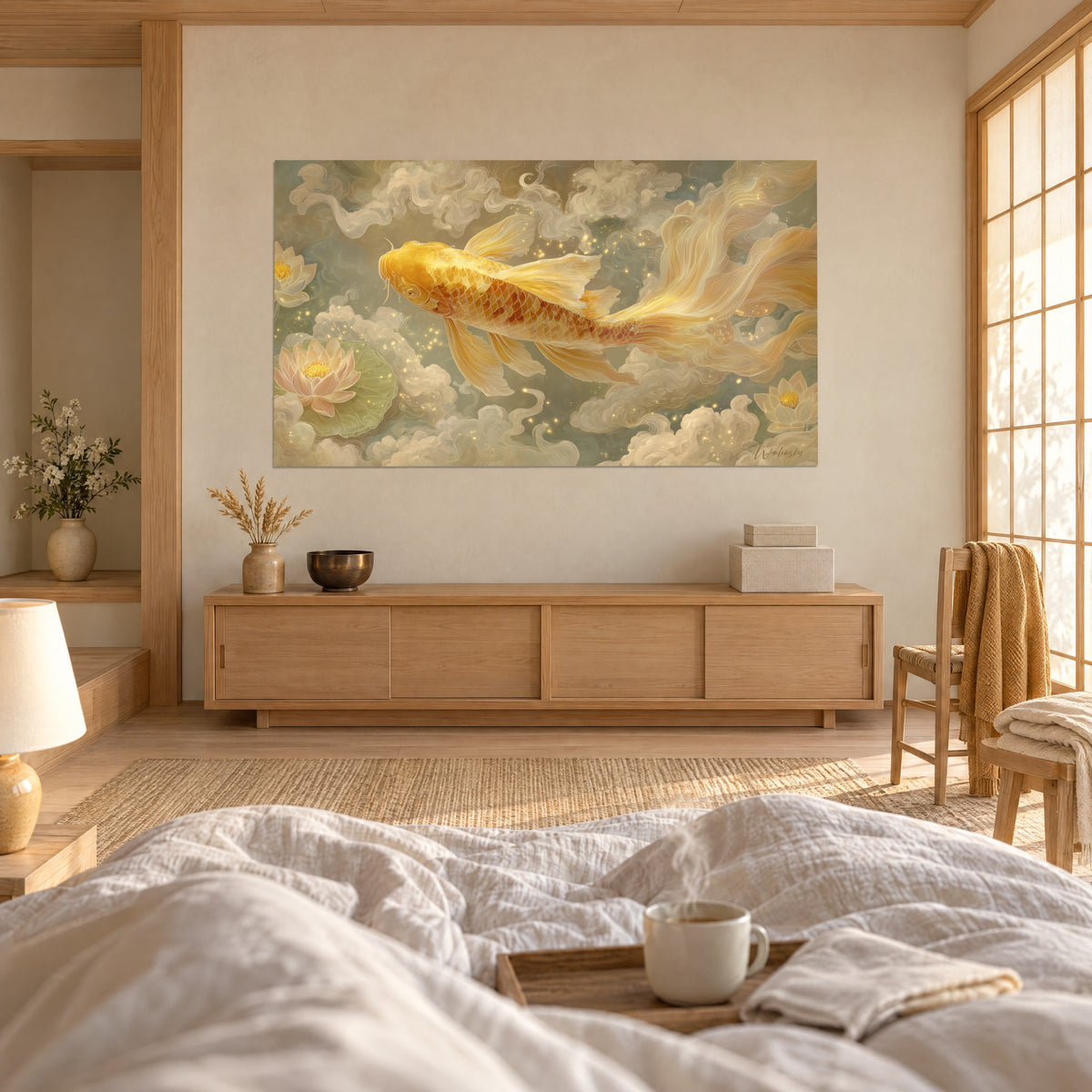 Quadro koi ambrato dalle squame ramate, nuvole color crema e ninfea rosa, una persona di spalle, sopra un letto in una camera luminosa