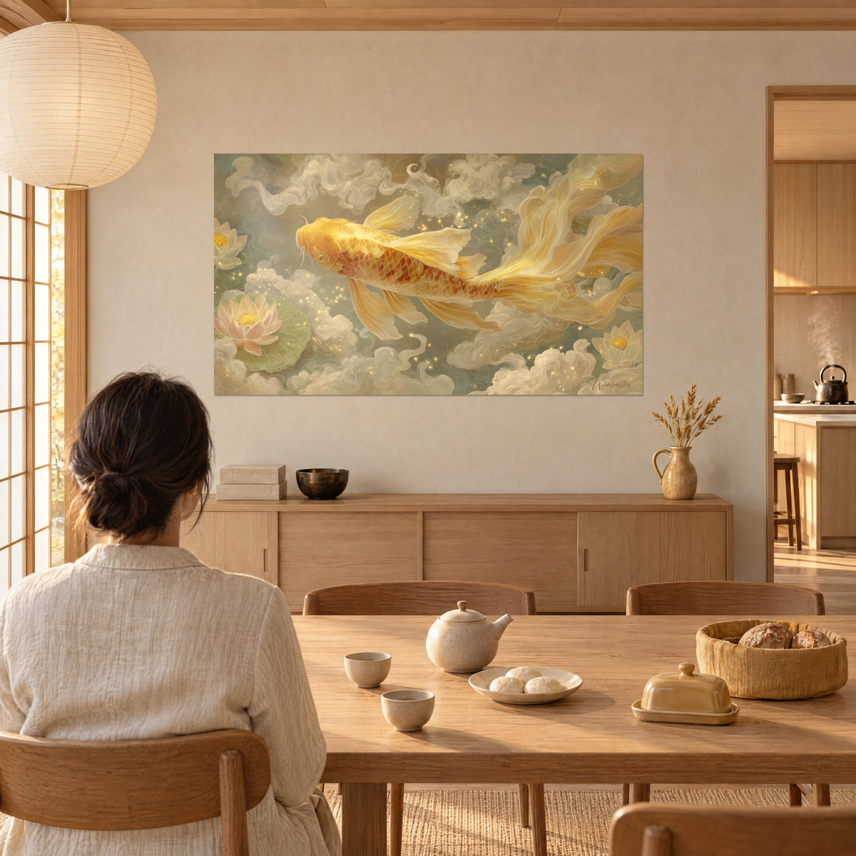 Quadro carpa dorata dalla coda ondulata, verde pallido e beige, una persona di spalle davanti al tavolo da pranzo, sala da pranzo luminosa