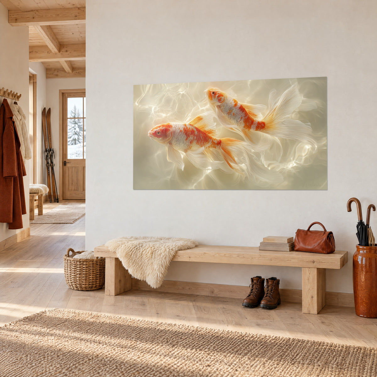 Gemälde zwei rot-cremefarben gefleckte Zierfische, die in goldenem Wasser schweben, im Eingangsbereich eines Chalets