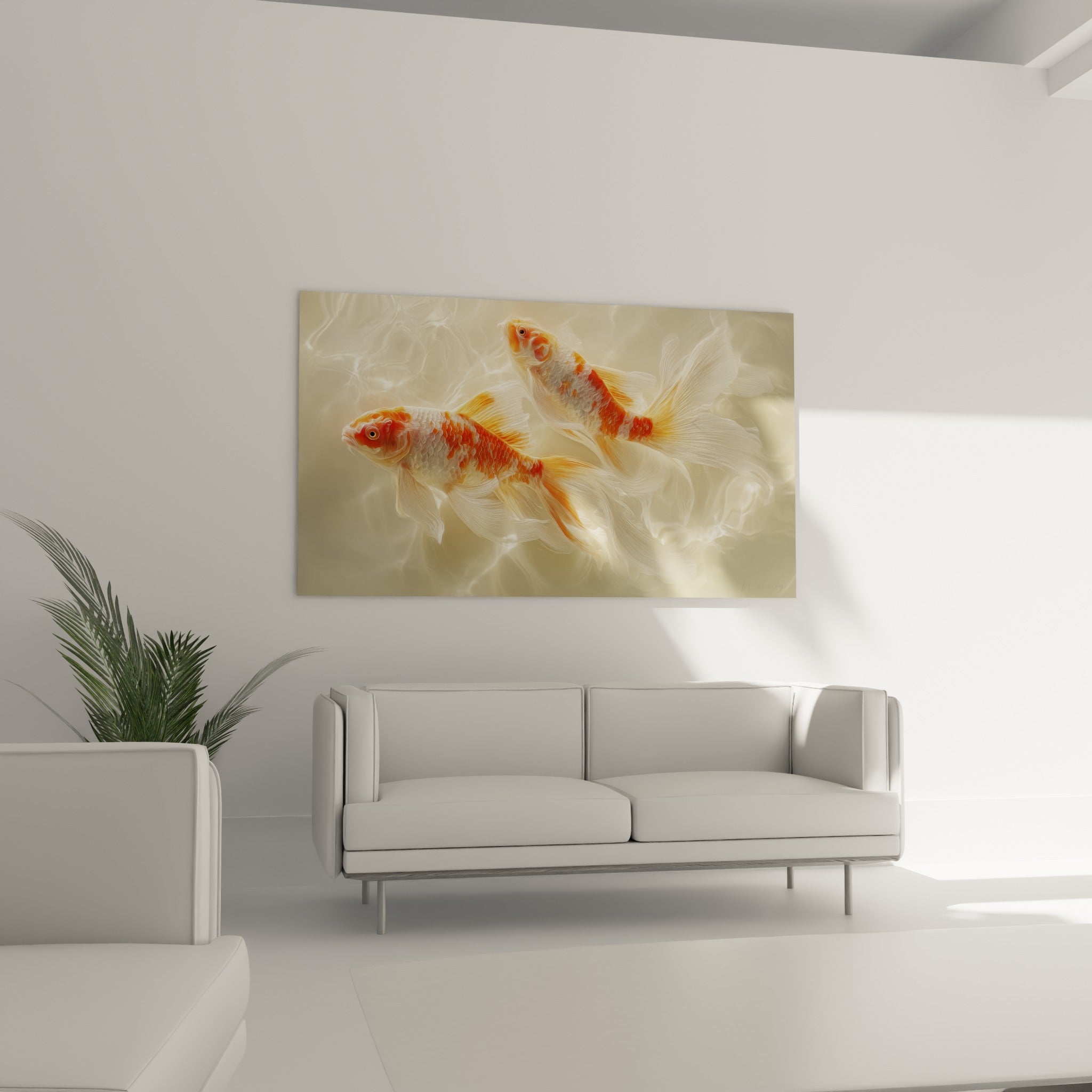 Poissons koï blanc nacré et orange vif flottant dans une eau laiteuse, au-dessus d'un canapé dans un salon lumineux