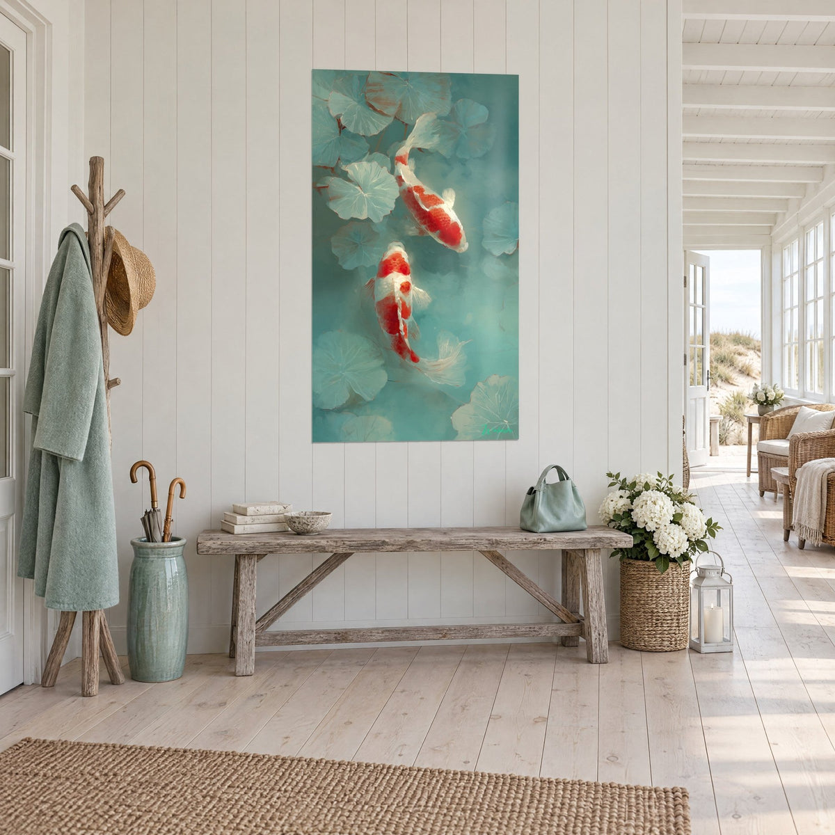 Wall art pair of vermilion and ivory fish swimming between pale turquoise leaves, seen three-quarters in a light wood hallway