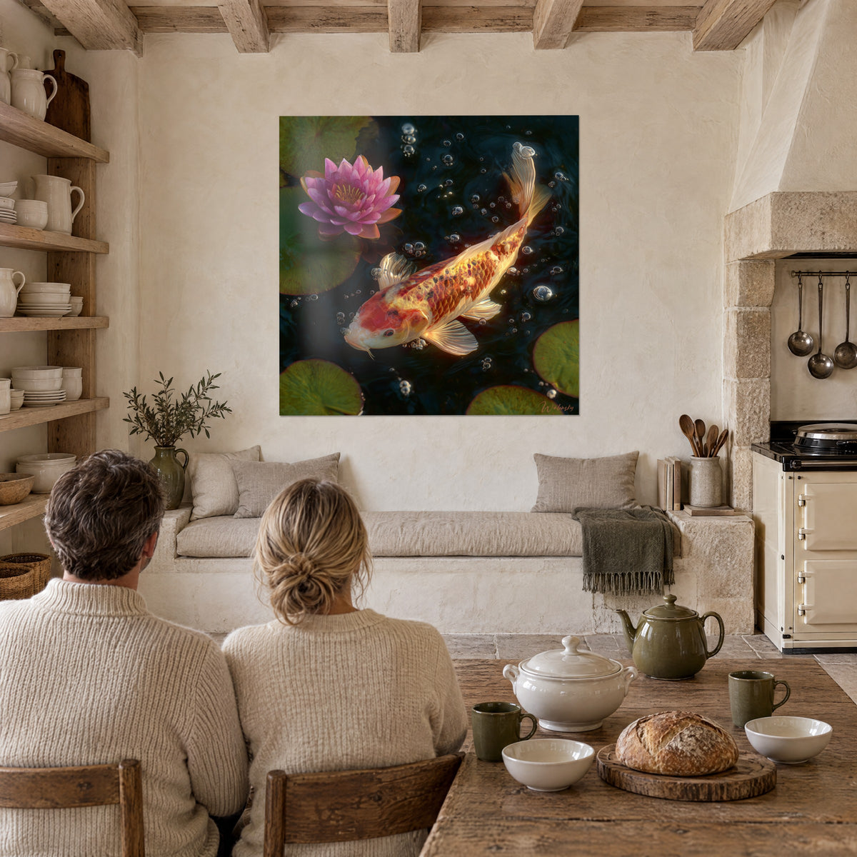 Cuadro jardín acuático, koi naranja y blanco nadando bajo burbujas brillantes, nenúfar rosa, comedor de piedra