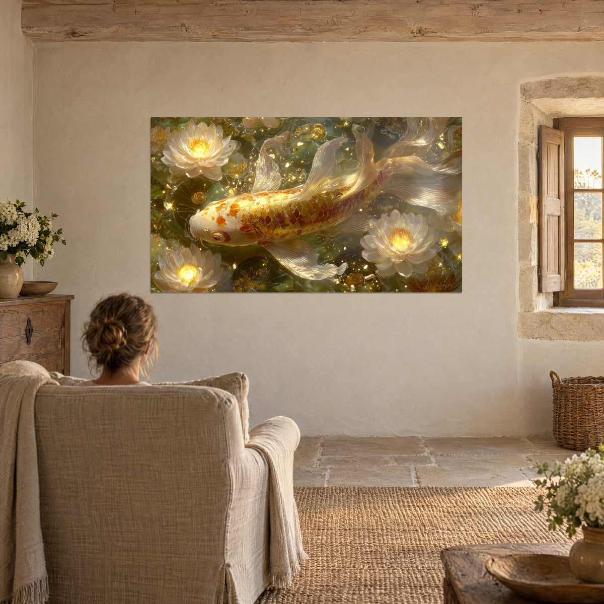 Quadro pesce ornamentale dalle squame ramate in una vasca di ninfee bianche, ammirato da una poltrona vicino a una finestra in pietra