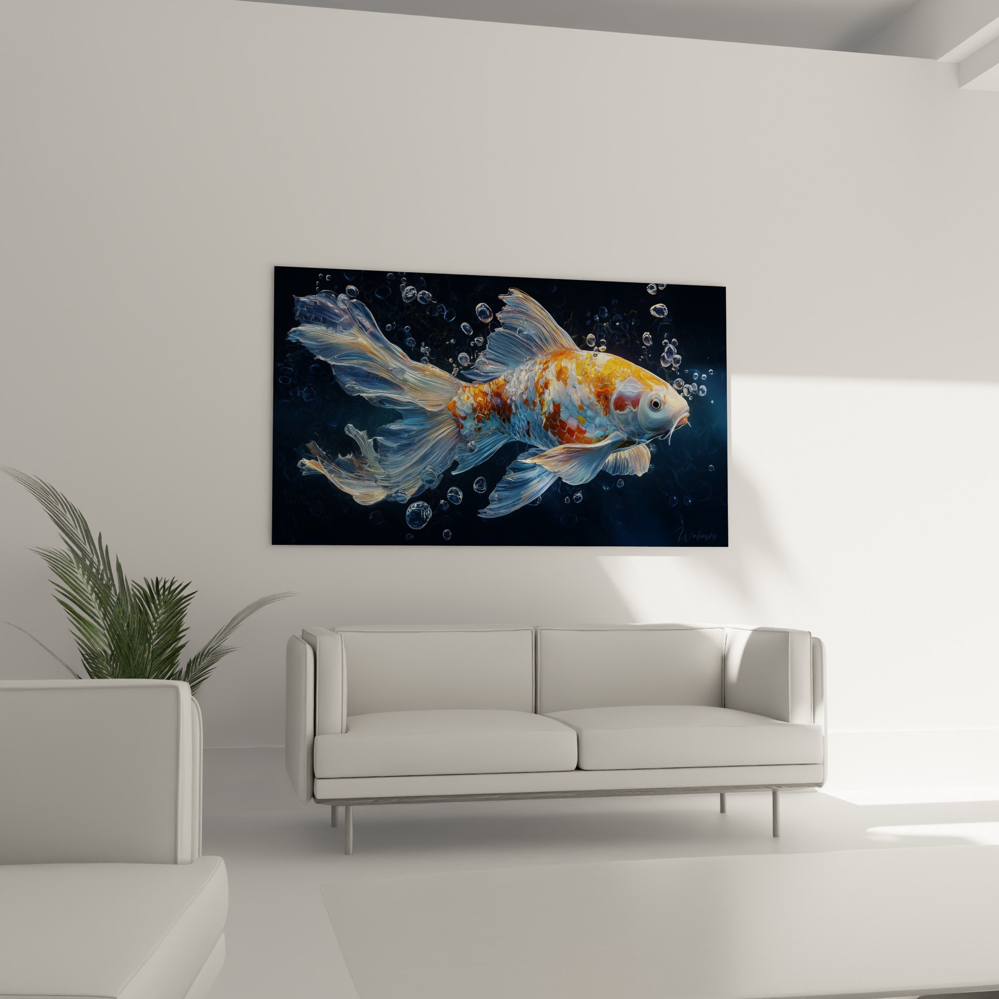Poisson koï bleu marine et orange scintillant, accroché au-dessus d'un canapé dans un salon lumineux