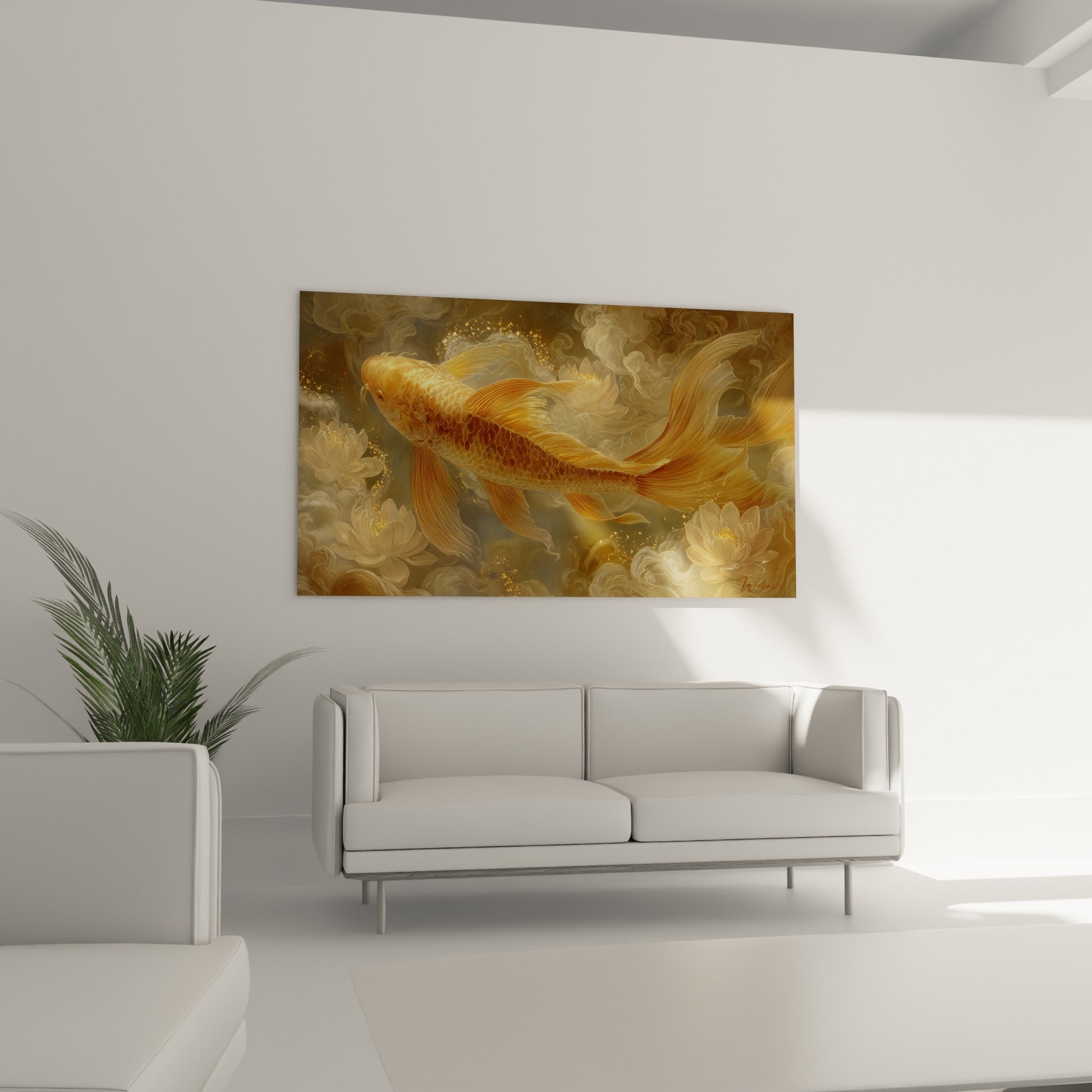 Carpe Koi dorée glissant parmi les nénuphars beige, au-dessus d'un canapé dans un salon lumineux