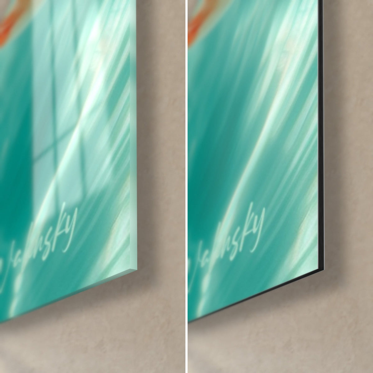 Wall art of an orange and white koi, bottom right corner: glossy acrylic glass on the left, matte black aluminum Dibond on the right, thin edge