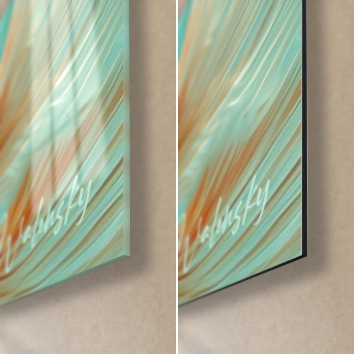 Wall art orange koi carp, bottom right corner: glossy acrylic glass with turquoise reflections and matte Dibond aluminium, 3 mm thickness