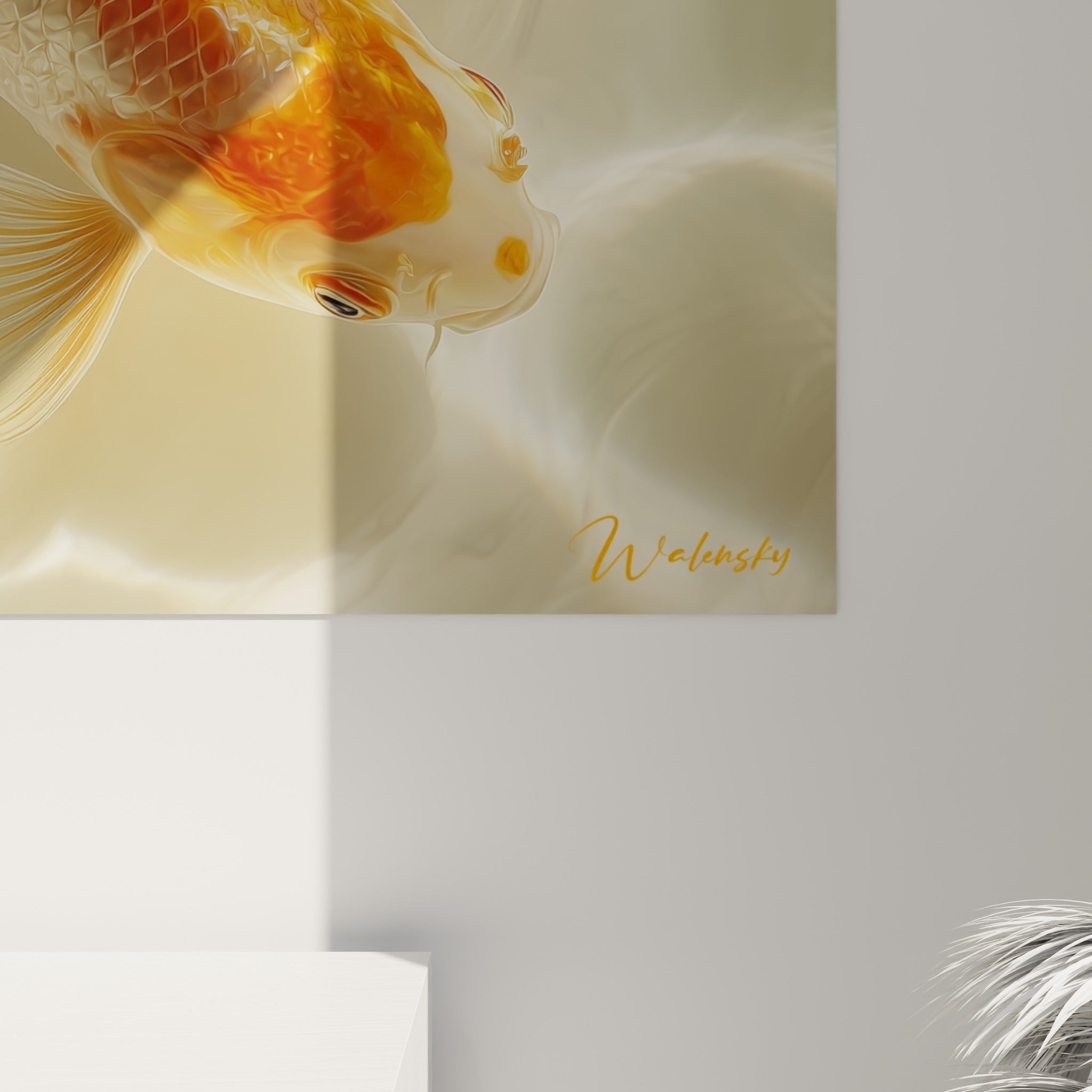 Écailles détaillées et reflets nacrés d'une carpe koï orange, grain de l'eau visible en gros plan sur la toile