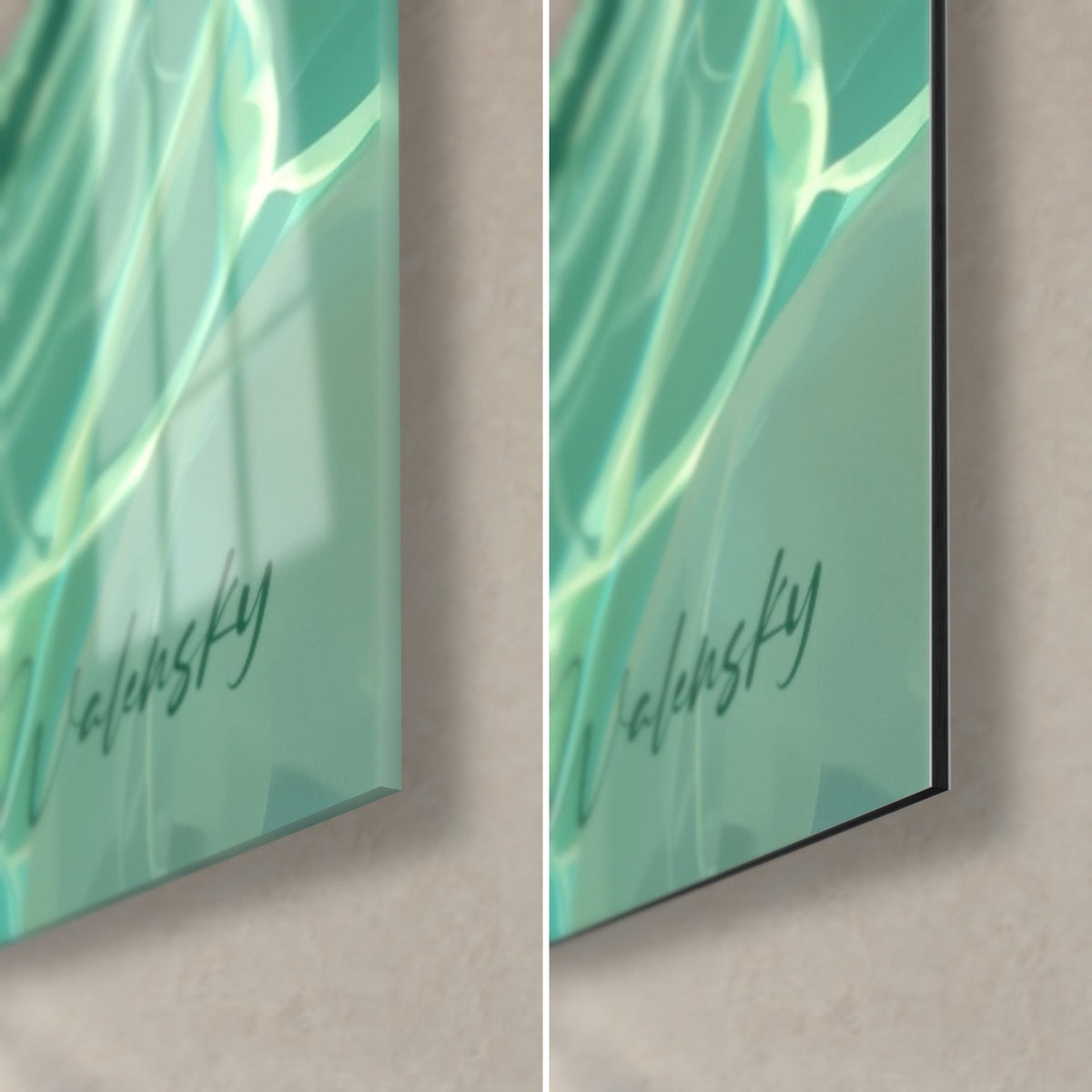 Schilderij koikarpers en doorschijnend turquoise water, rechtsonder: glanzend acrylglas links, mat zwart Dibond-aluminium rechts