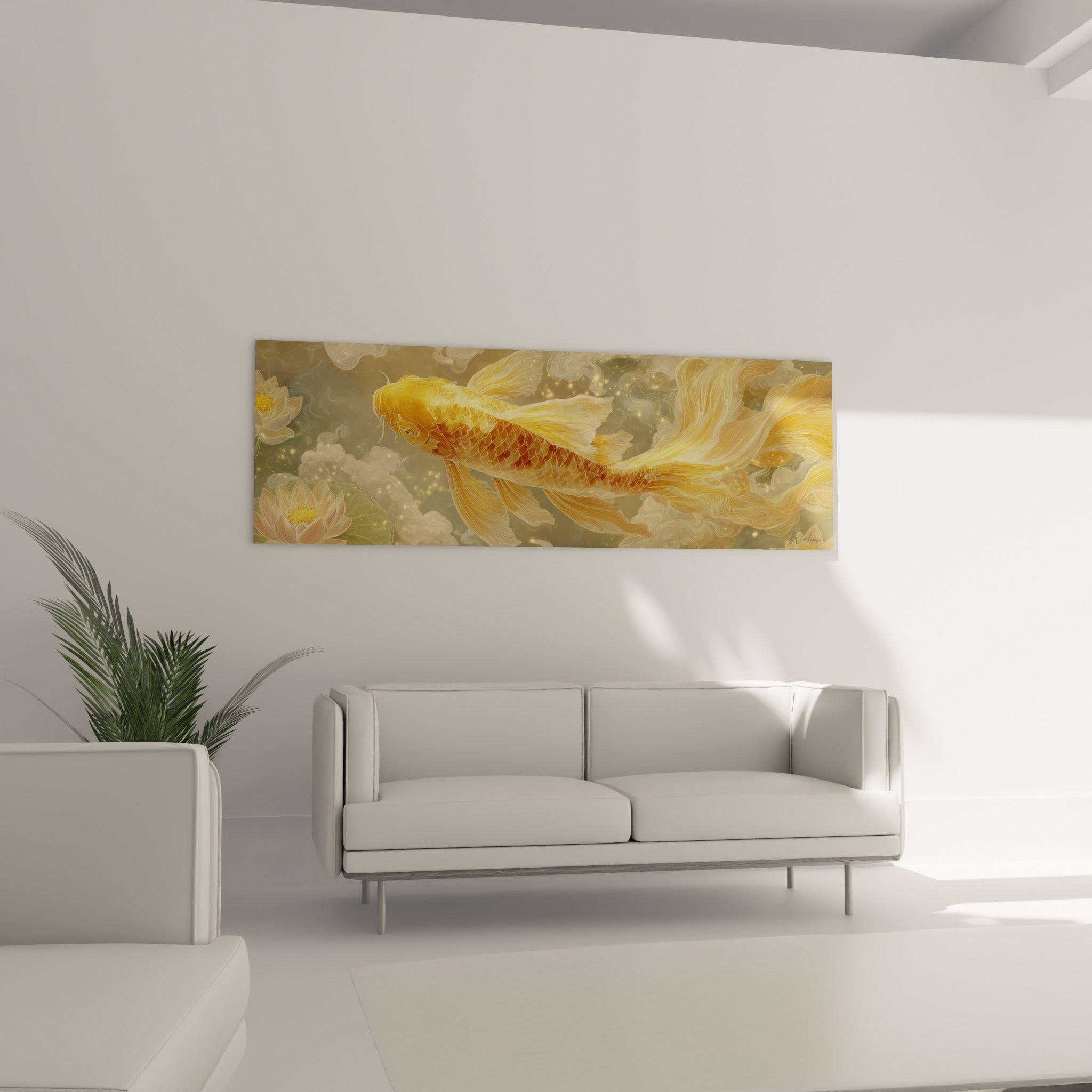 Silhouette koï orangée traversant des volutes dorées et blanches, au-dessus d'un canapé dans un salon lumineux