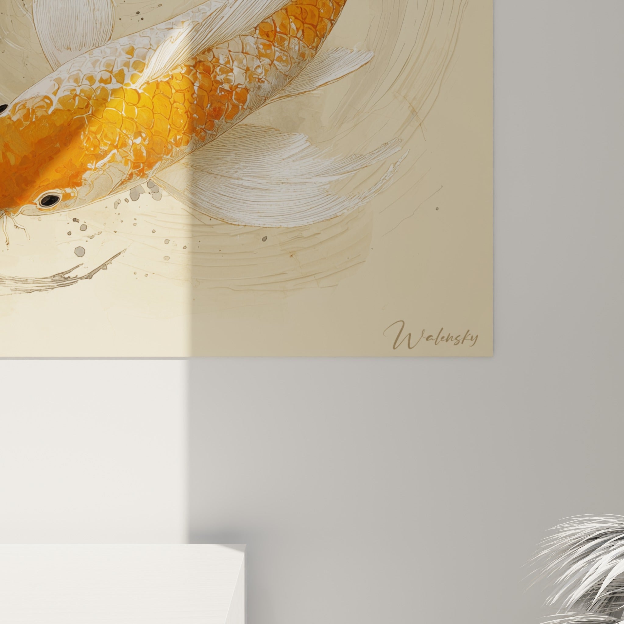 Écailles orangées et nageoires blanches détaillées, texture encrée et éclaboussures grises visibles de près
