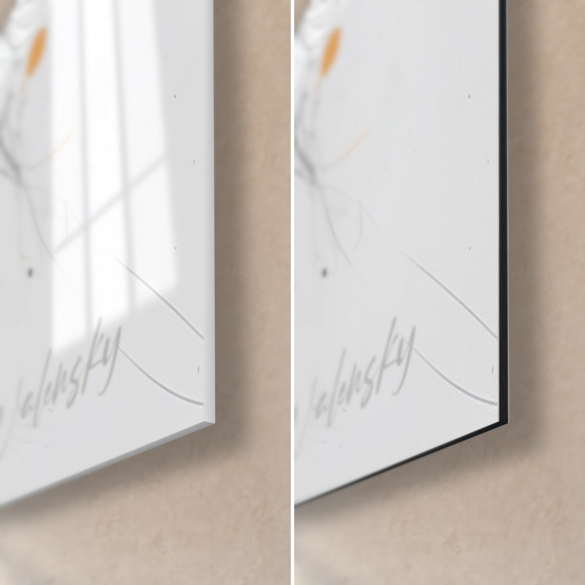 Schilderij feloranje en witte koi-karpers, rechtsonder: glanzend acrylglas links, mat zwart Dibond-aluminium rechts, rand van 3 mm