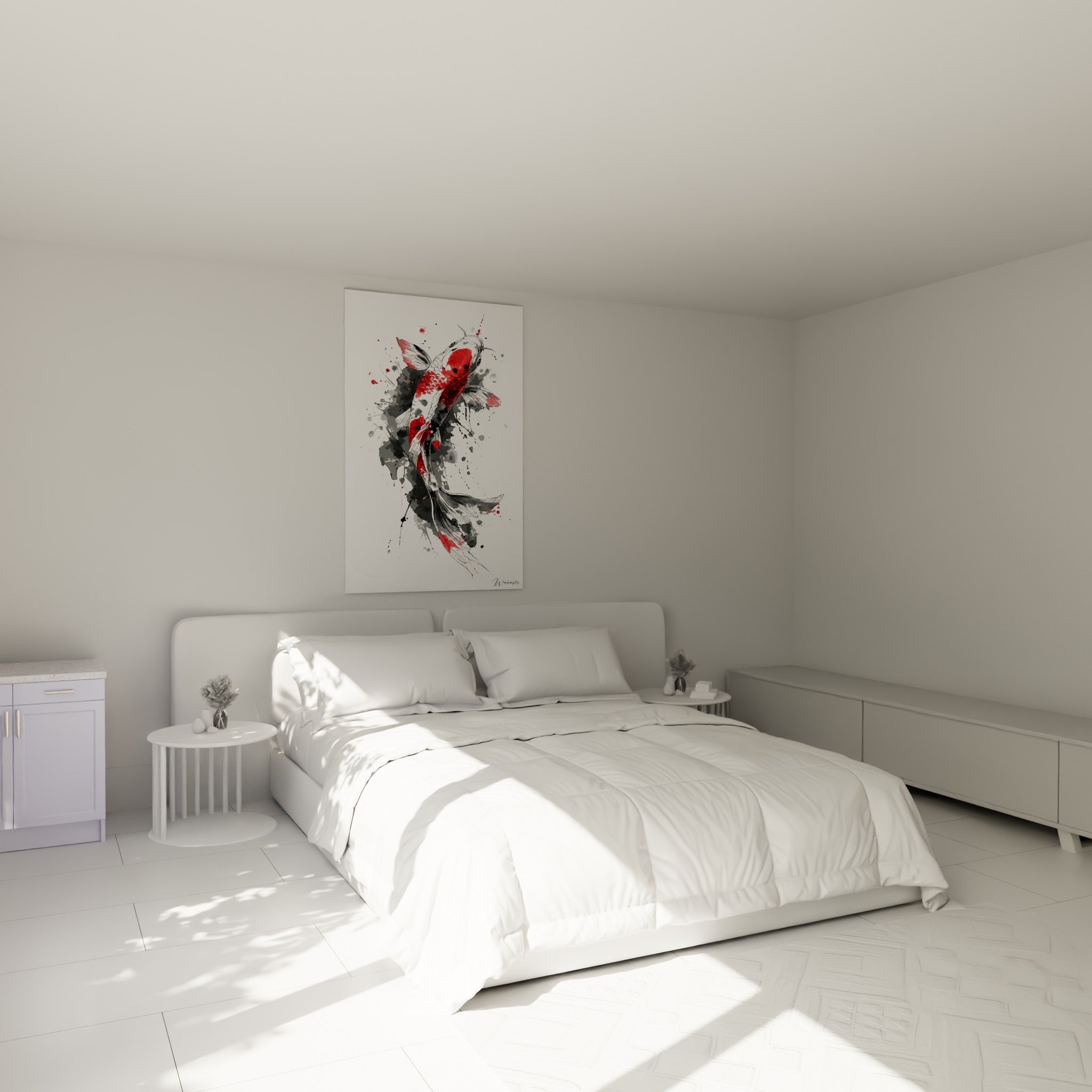 Carpe Koi rouge intense et blanche en pleine nage, au-dessus d'un lit dans une chambre claire