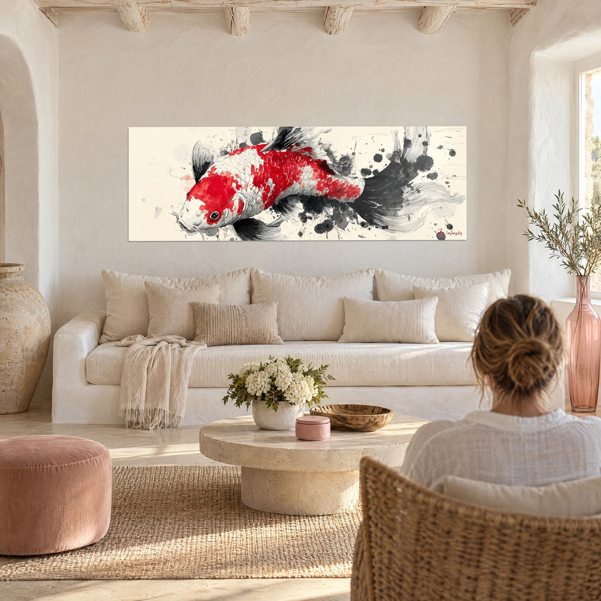 Wall art red and white koi carp with black ink splashes, above a sofa in a bright living room