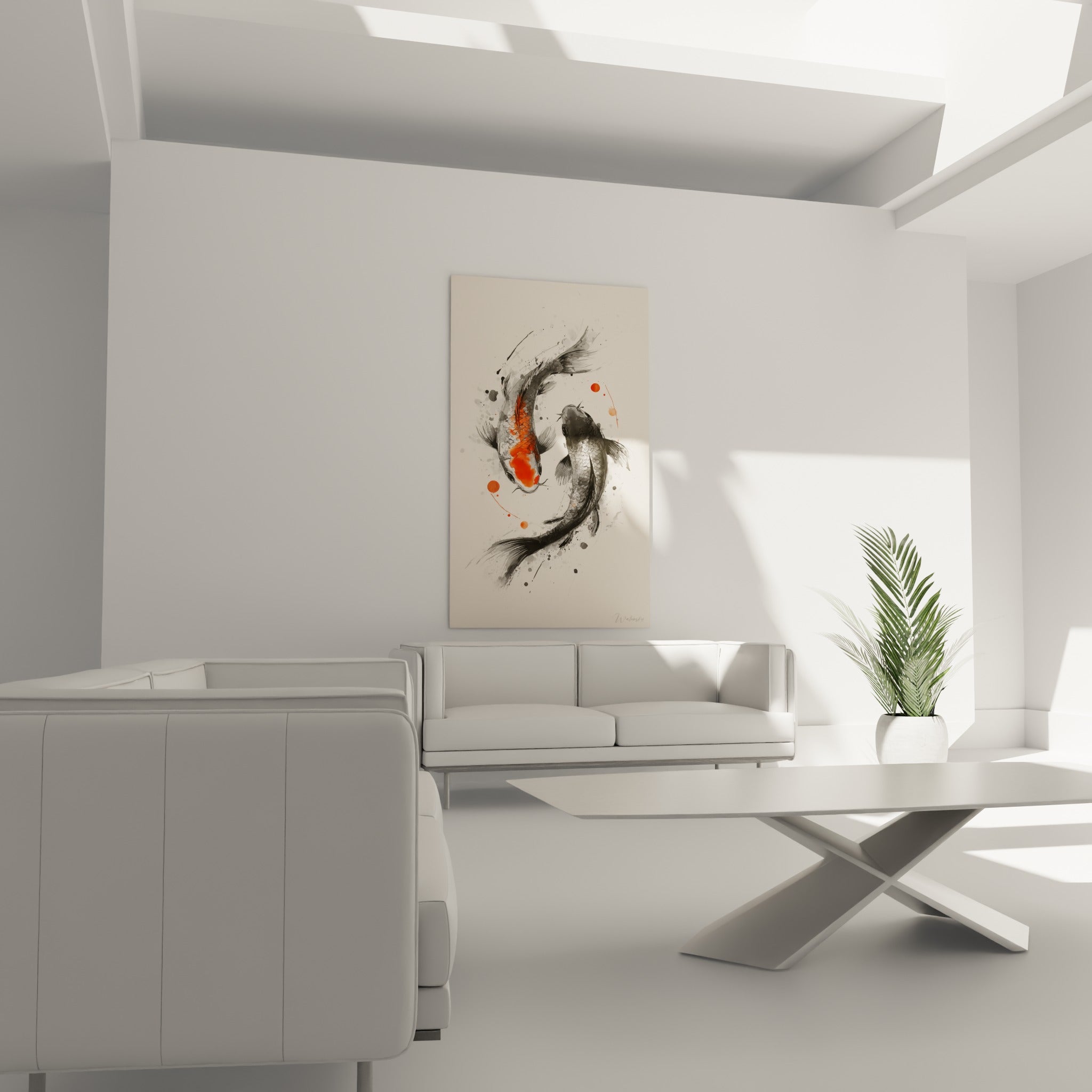 Deux carpes koï anthracite et orange enlacées en cercle, au-dessus d'un canapé dans un salon lumineux