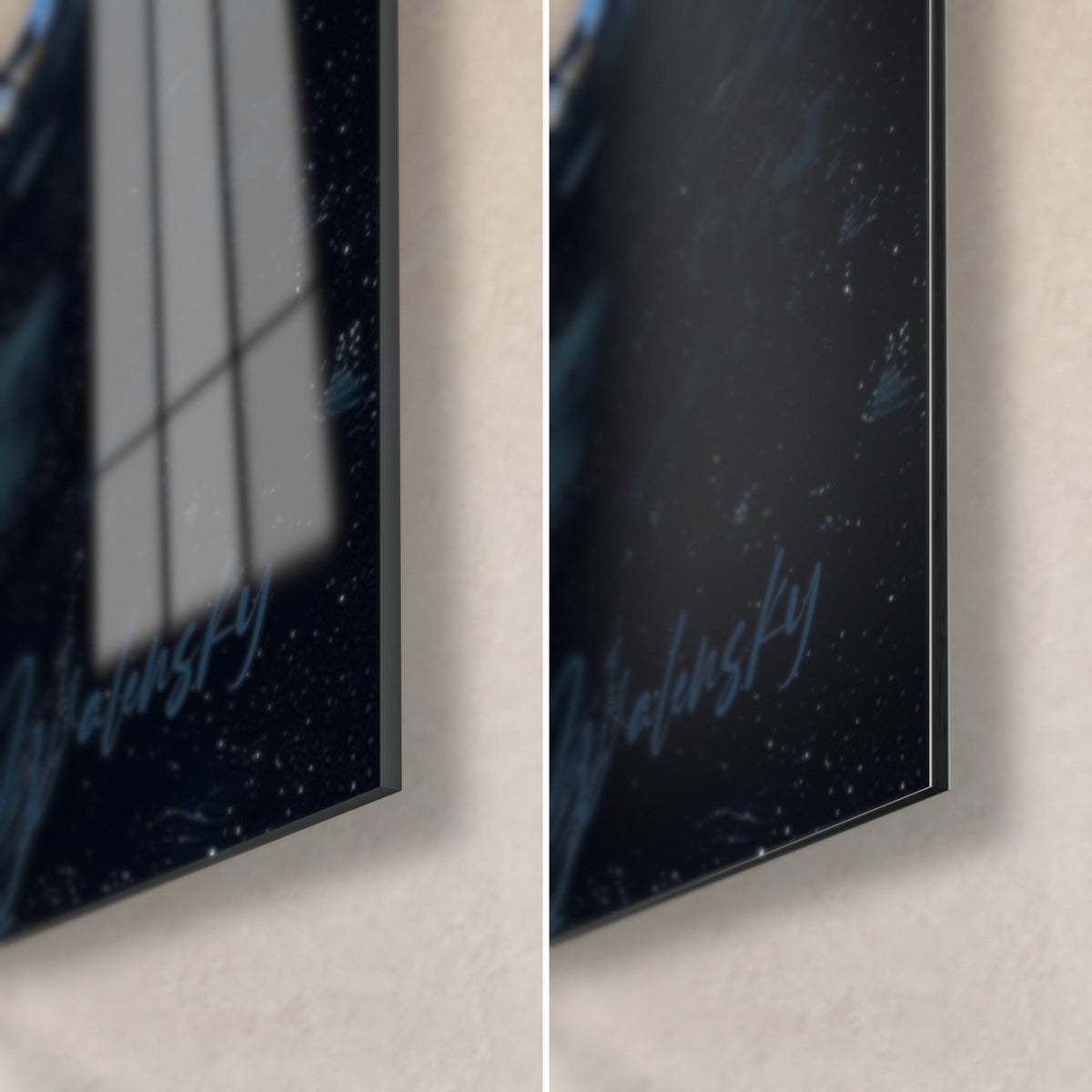 Wall art orange and white koi carp, bottom right corner: glossy acrylic glass on the left, matte Dibond on the right, 3 mm thickness
