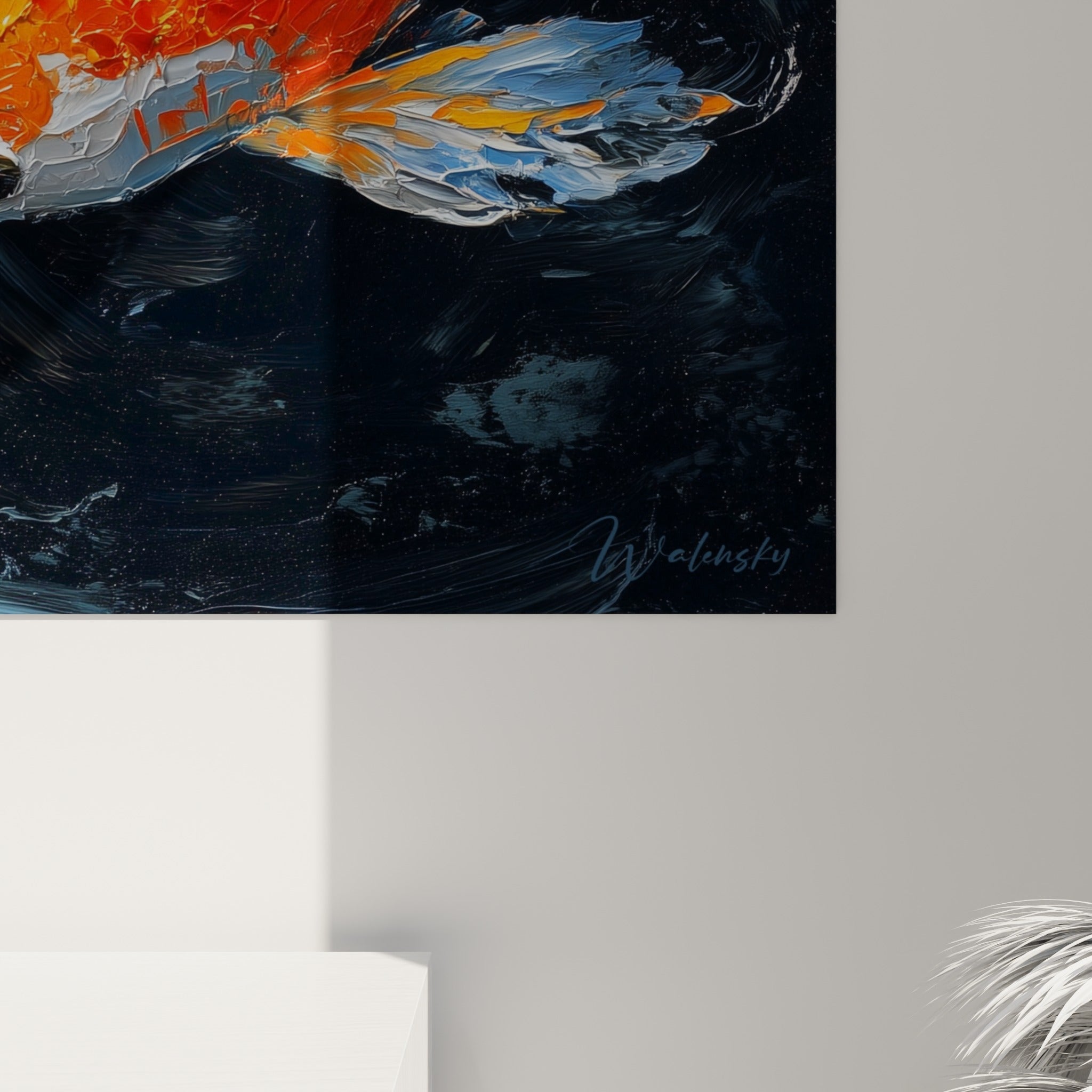 Empâtements orange et blancs des écailles de koï révélant le grain épais de la peinture au couteau