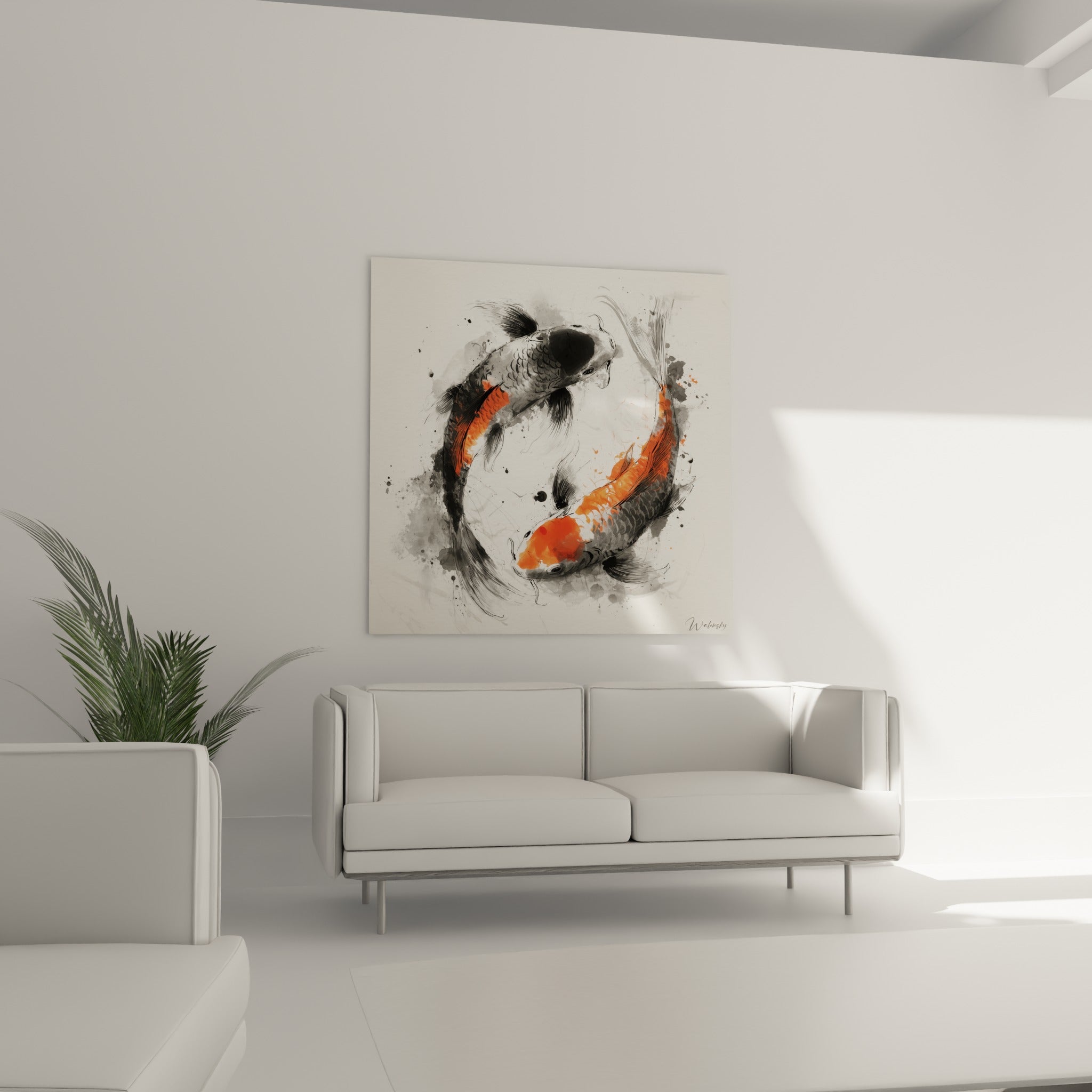 Poissons koï anthracite et orange enlacés au-dessus d'un canapé dans un salon lumineux