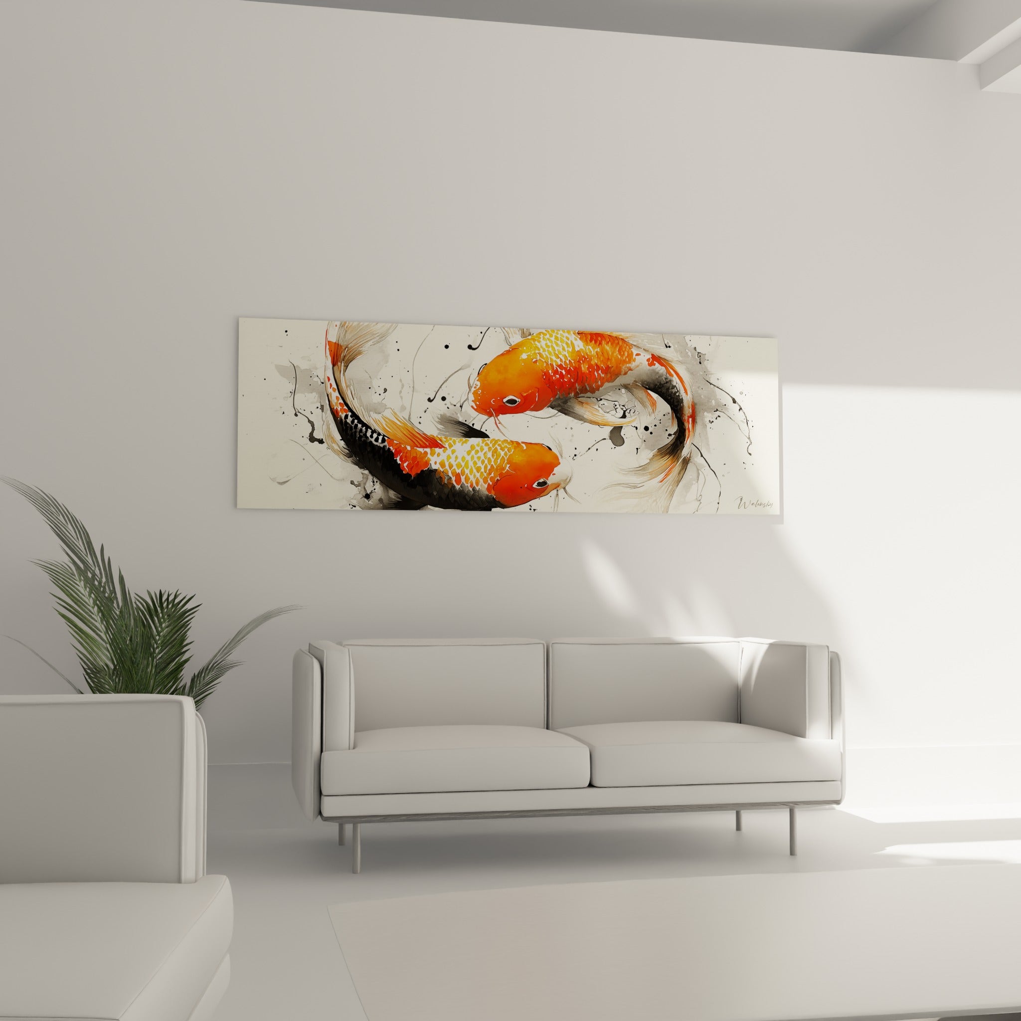 Poissons koï fauve et noir dans une composition circulaire, au-dessus d'un canapé dans un salon lumineux