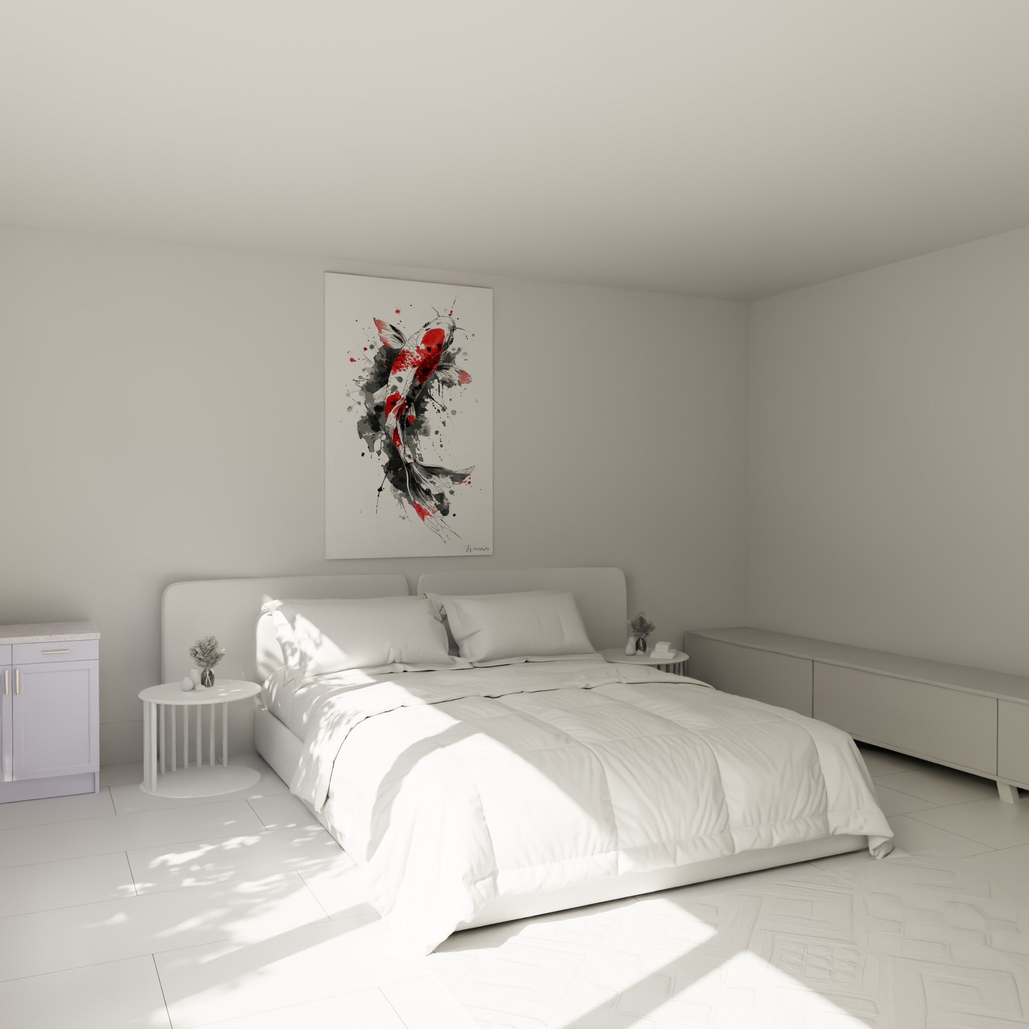 Poisson koï rouge et gris en mouvement ascendant, accroché au-dessus d'un lit dans une chambre claire