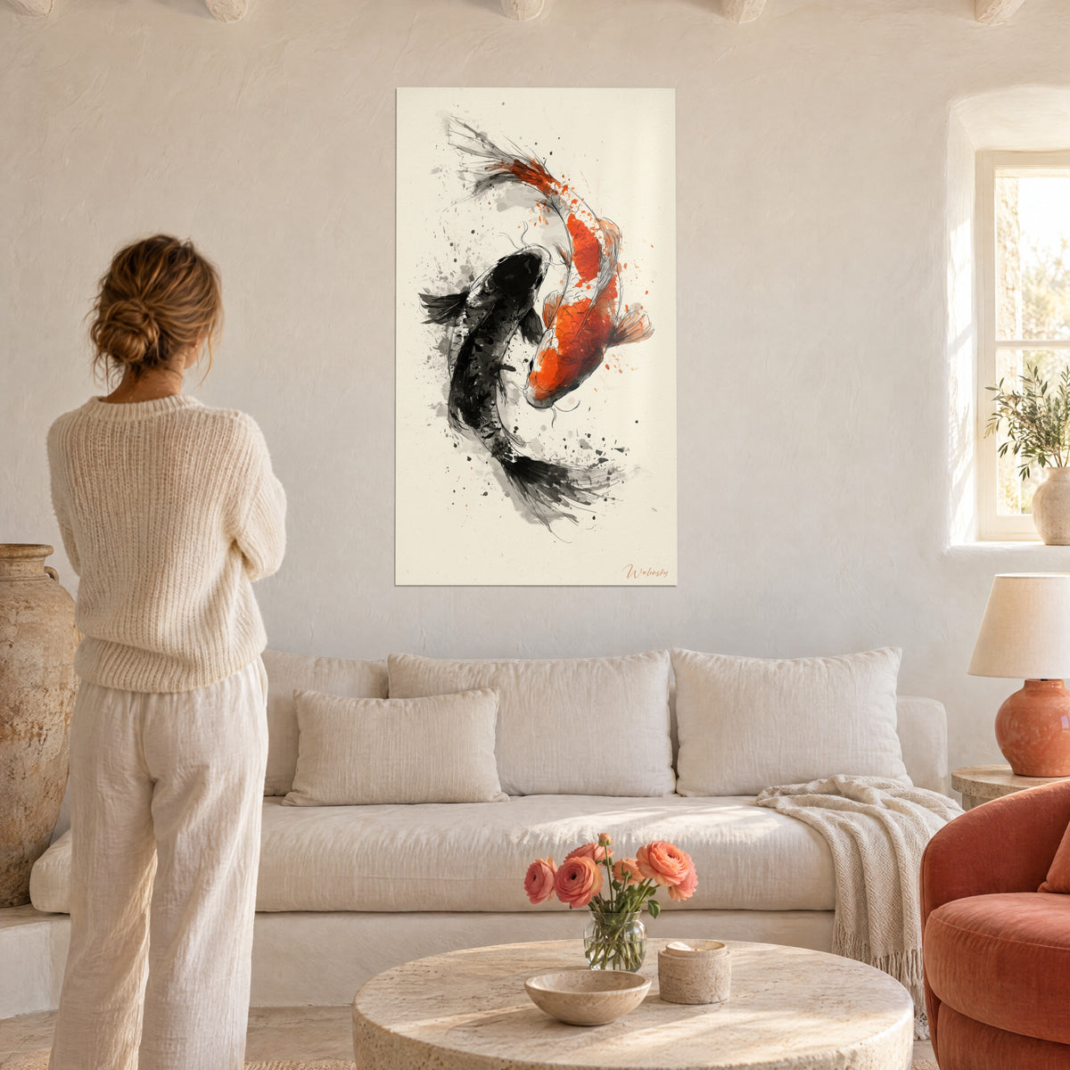 Wall art orange and black koi carps in a circle on a cream background, above a sofa in a bright living room