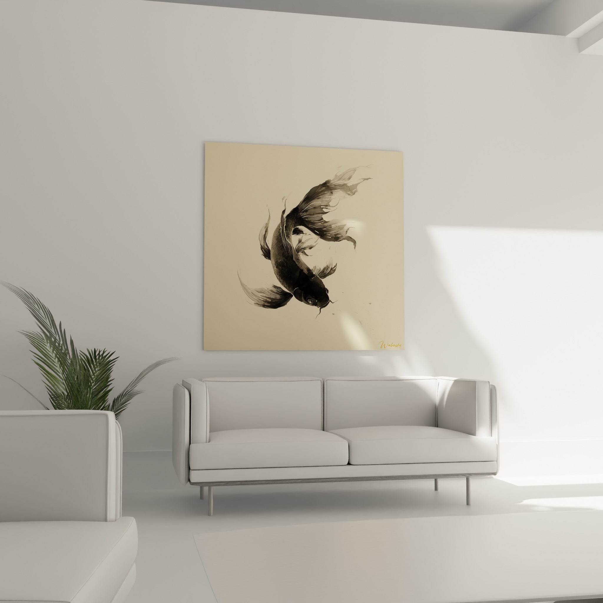 Silhouette koi encre noire et grise sur fond ivoire, au-dessus d'un canapé dans un salon lumineux