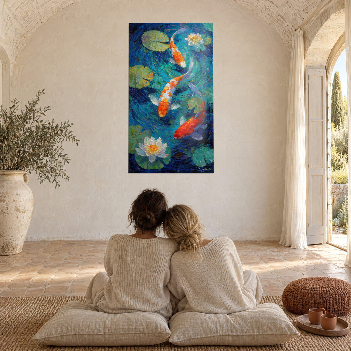 Quadro di balletto di carpe koi arancioni su fondo blu oltremare, fiori di loto bianchi in fioritura, due persone di spalle in un soggiorno a volta
