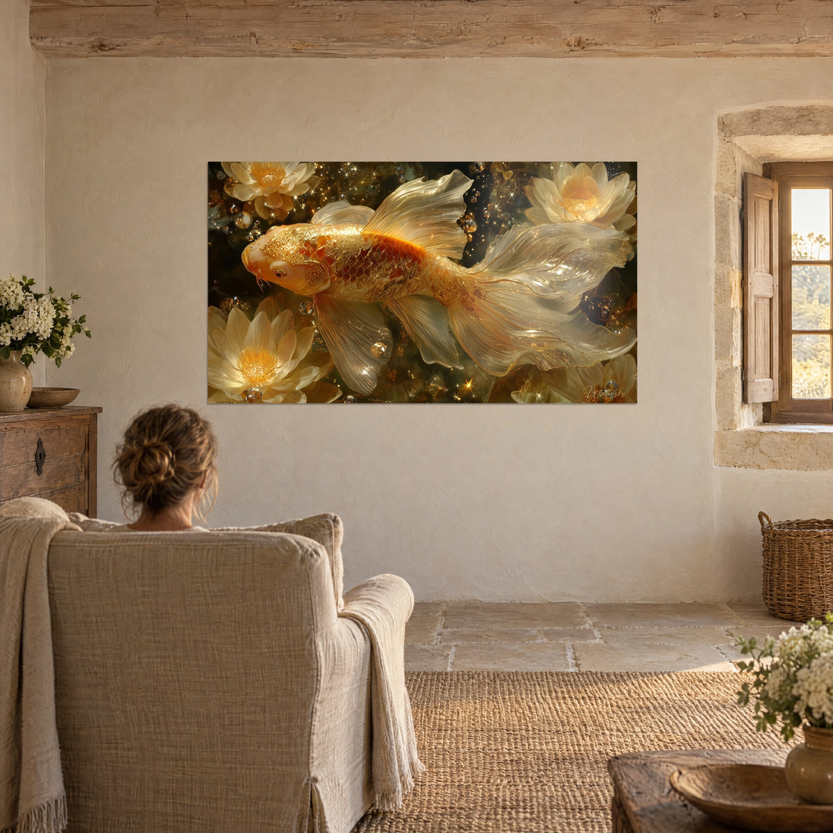 Quadro di un pesce con pinne di seta dorata su sfondo scuro punteggiato di scintille, ninfee bianche, di fronte a una poltrona in lino beige