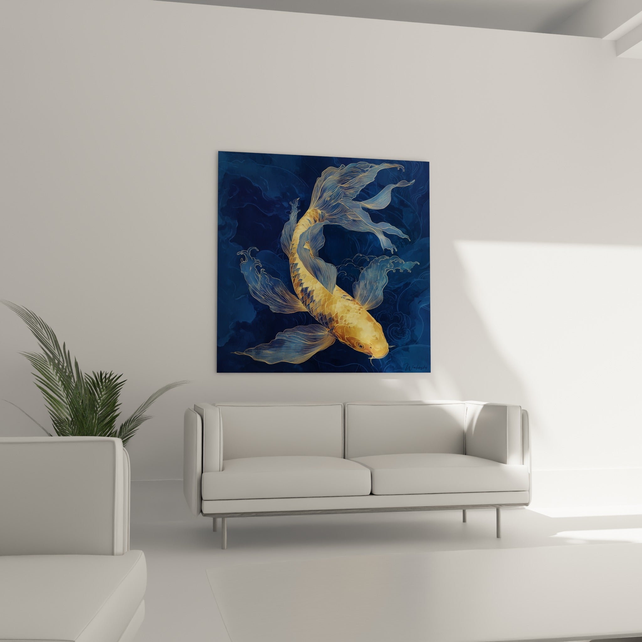 Carpe koi ocre et bleu marine en mouvement suspendue au-dessus d'un canapé dans un salon lumineux