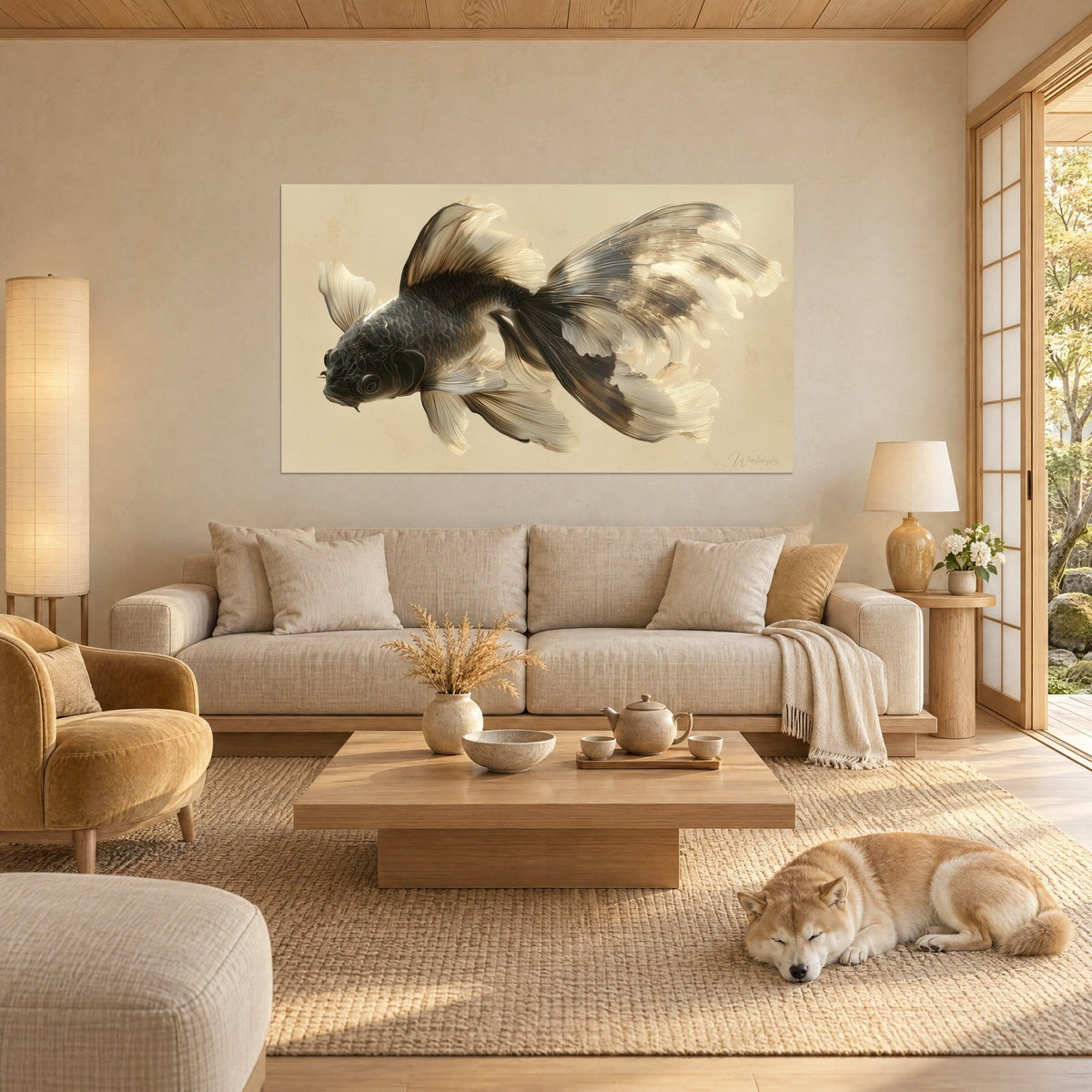 Gemälde Schwarzer Koi mit elfenbeinfarbenen Flossen, der auf sandfarbenem Grund schwebt, ein schlafender Shiba am Boden, über einem Sofa in einem hellen Wohnzimmer