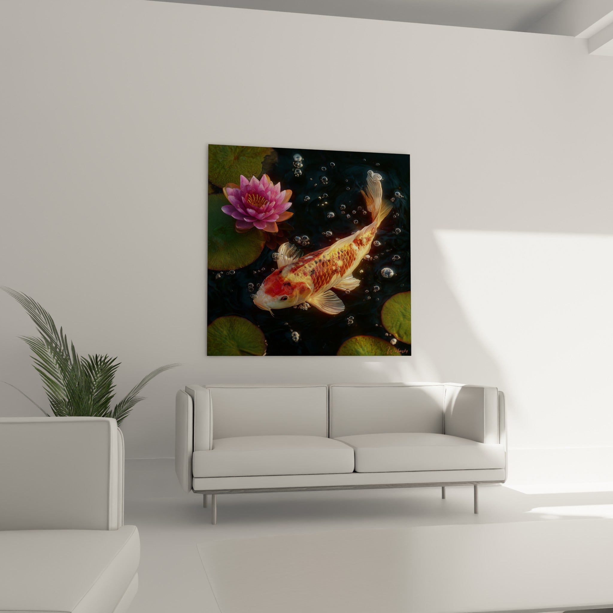 Poisson koï fauve glissant sous une fleur rose au-dessus d'un canapé dans un salon lumineux
