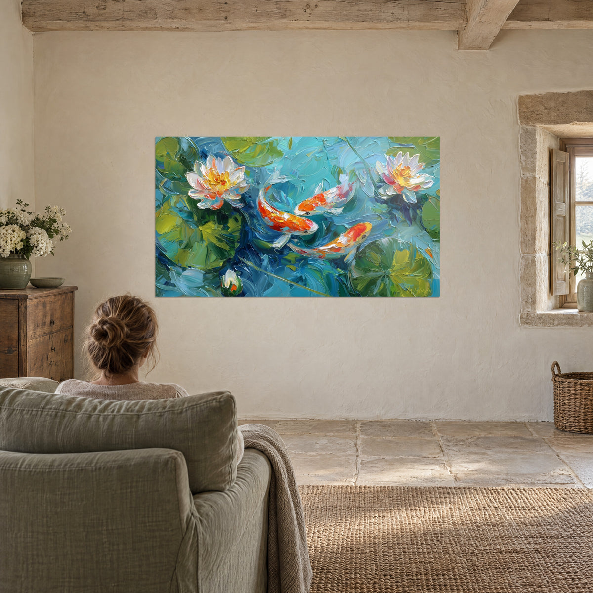 Quadro Stagno impressionista, koi arancio vivo e loti bianchi su acqua turchese, donna di spalle in una poltrona verde-grigia, muro di pietra