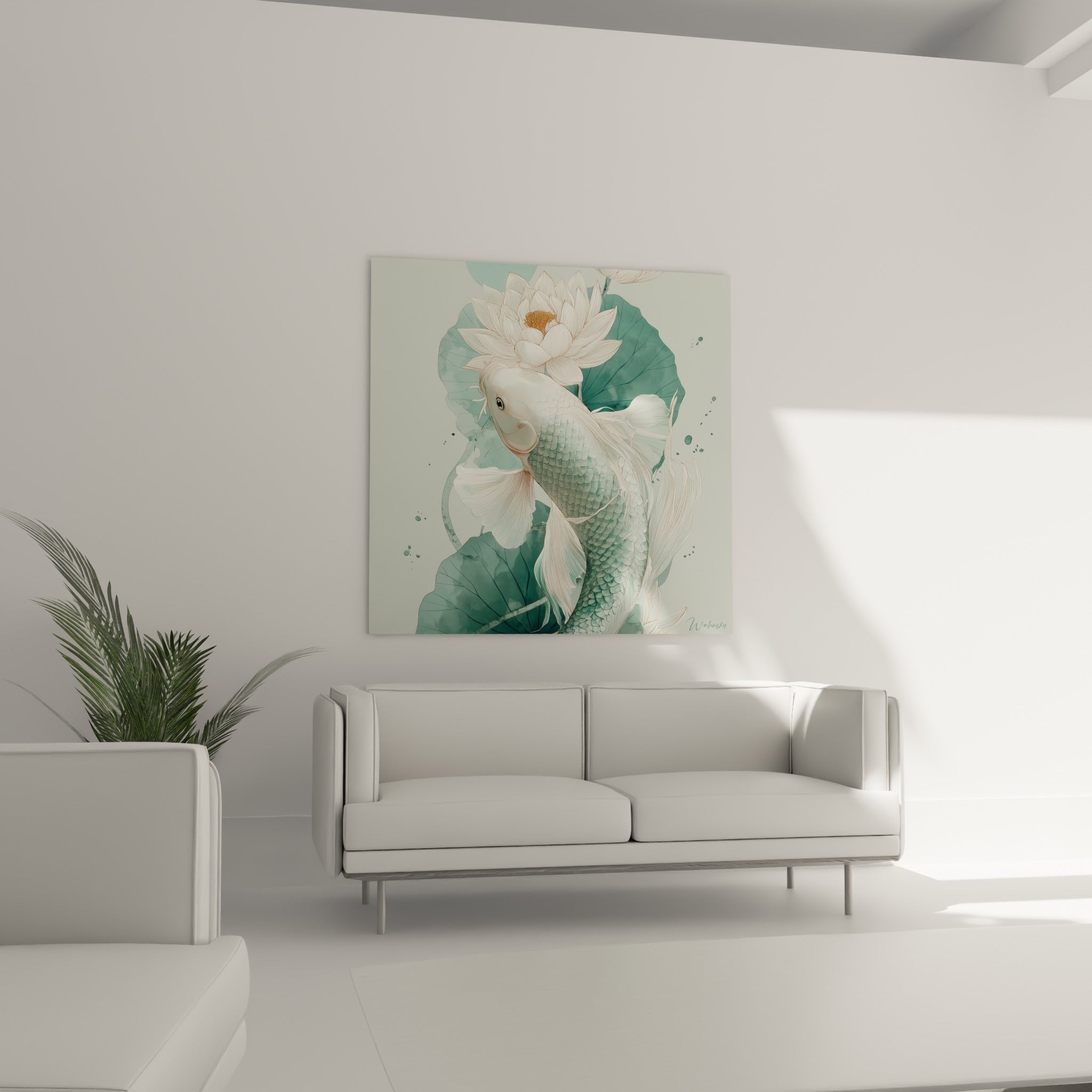 Silhouette de carpe koï vert sauge et blanche entourée de feuilles de lotus, au-dessus d'un canapé dans un salon lumineux