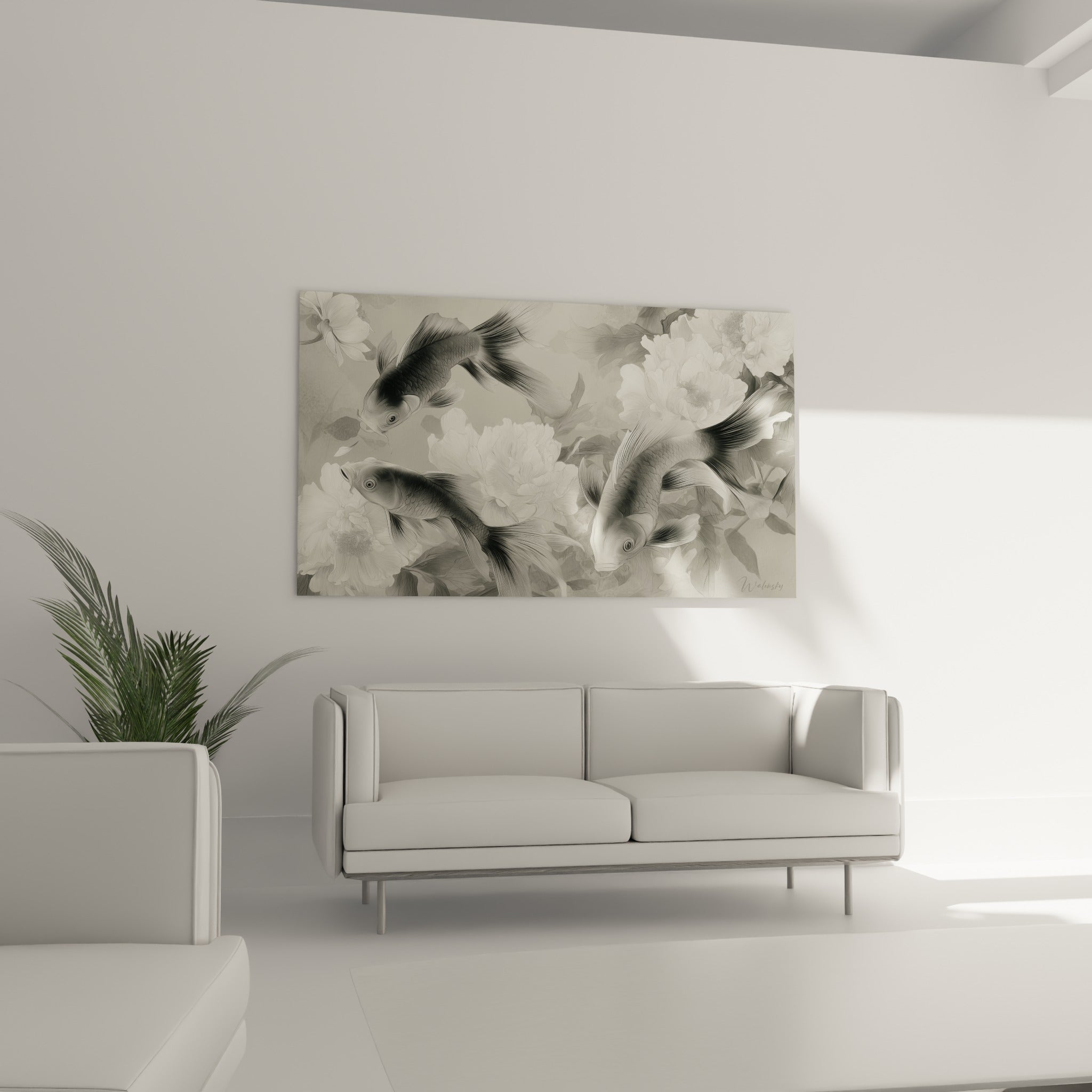 Poissons koï graphiques en gris et blanc surplombent un canapé dans un salon lumineux