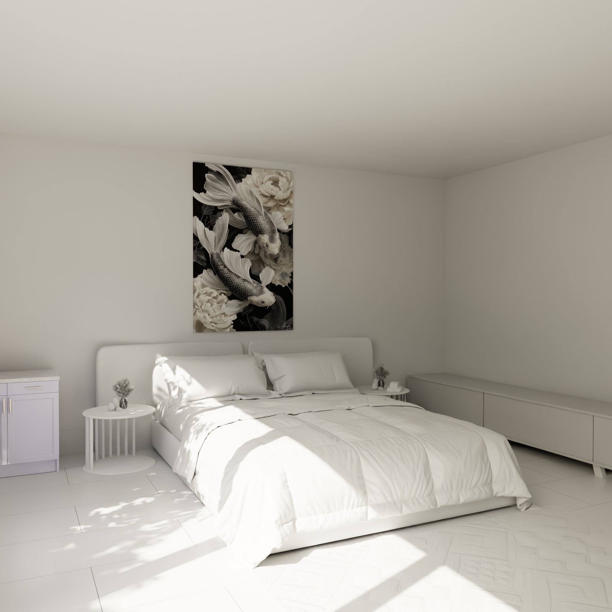 Koi argentés glissant entre des pivoines blanches, accrochés au-dessus d'un lit dans une chambre claire