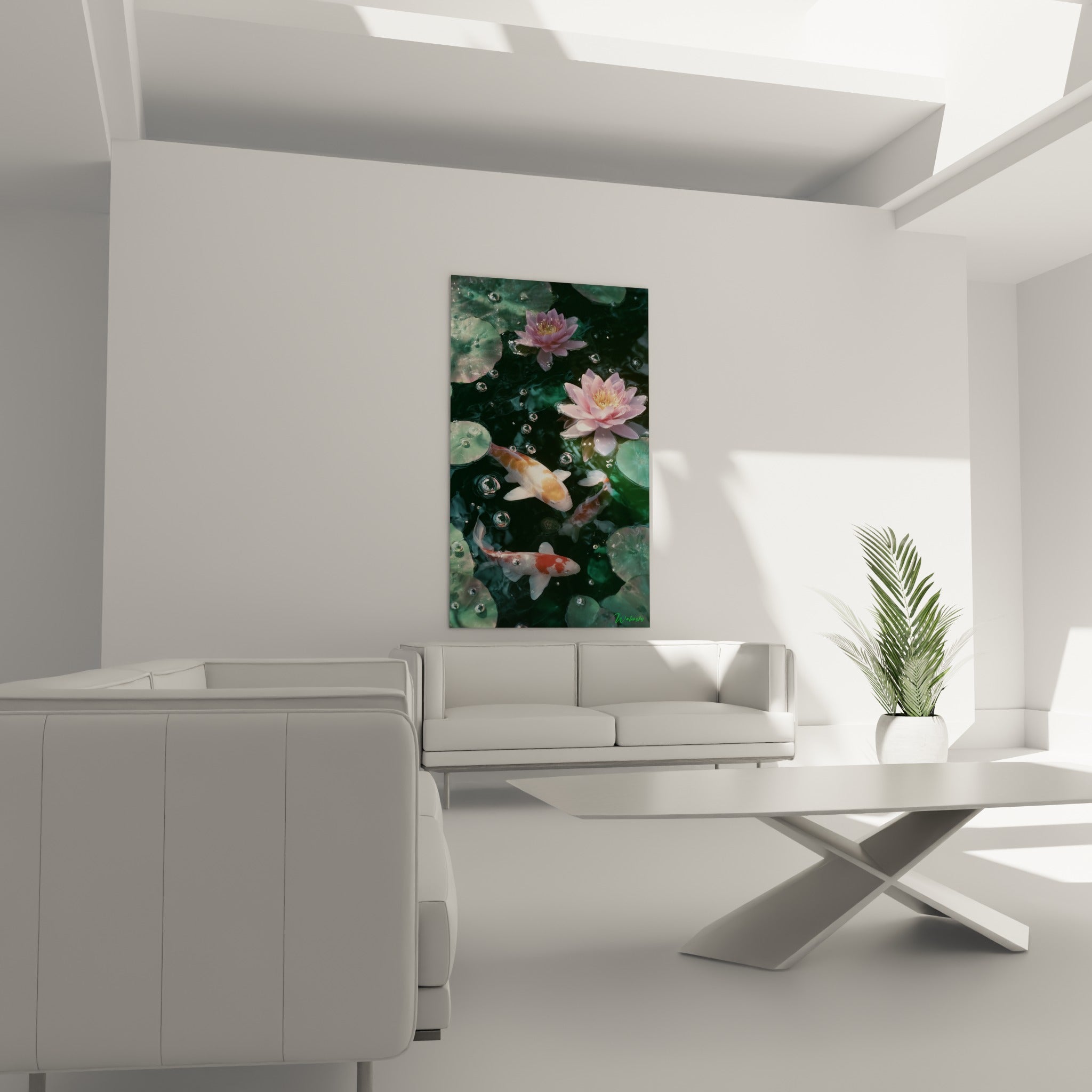 Fleurs de lotus roses et koï blanc au-dessus d'un canapé dans un salon lumineux