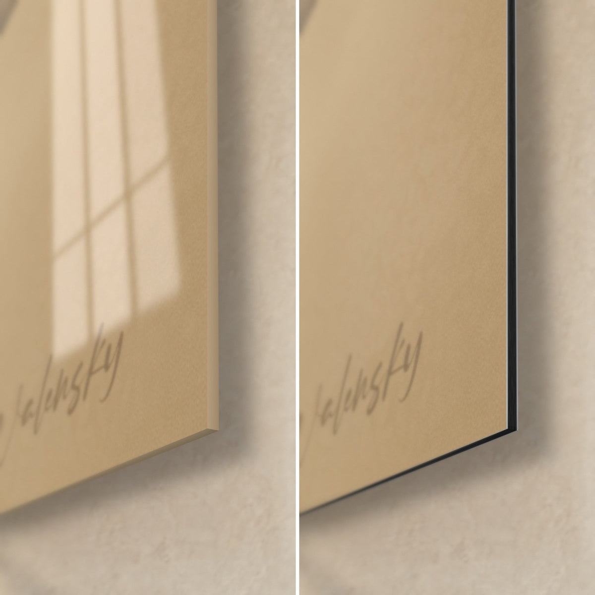 Quadro carpa koi seppia, angolo in basso a destra in vetro lucido con riflessi e Dibond alluminio beige opaco, spessore di 3 mm visibile